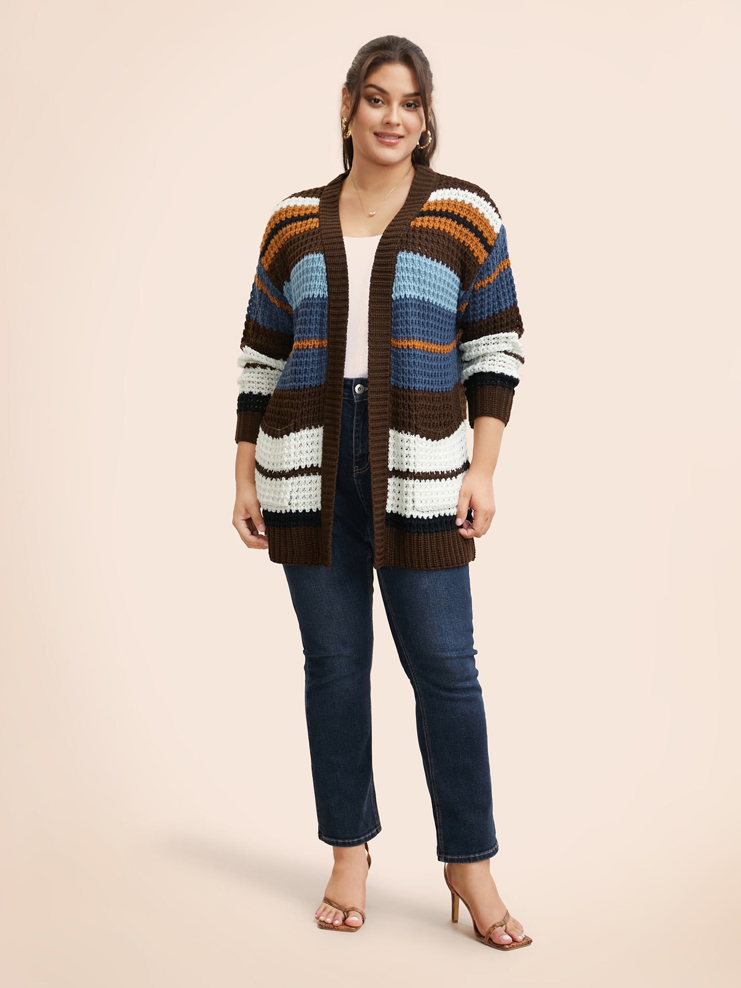 Plus Size Colorblock Contrast Patched Pocket Cardigan DarkBrown Women Casual Loose Long Sleeve Everyday Cardigans BloomChic 18-20/2X 