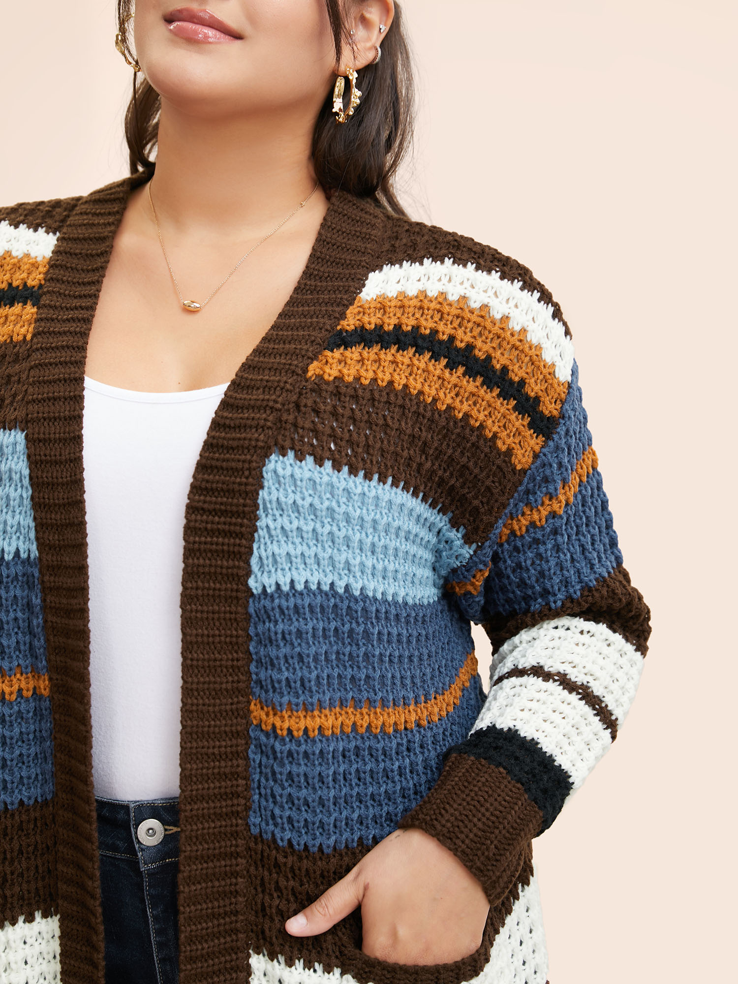 Plus Size Colorblock Contrast Patched Pocket Cardigan DarkBrown Women Casual Loose Long Sleeve Everyday Cardigans BloomChic 18-20/2X 