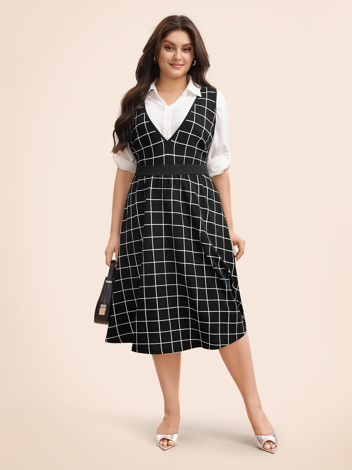 

Plus Size Plaid Elastic Waist Overall Dress Black Women At the Office Contrast Deep V-neck Sleeveless Curvy BloomChic