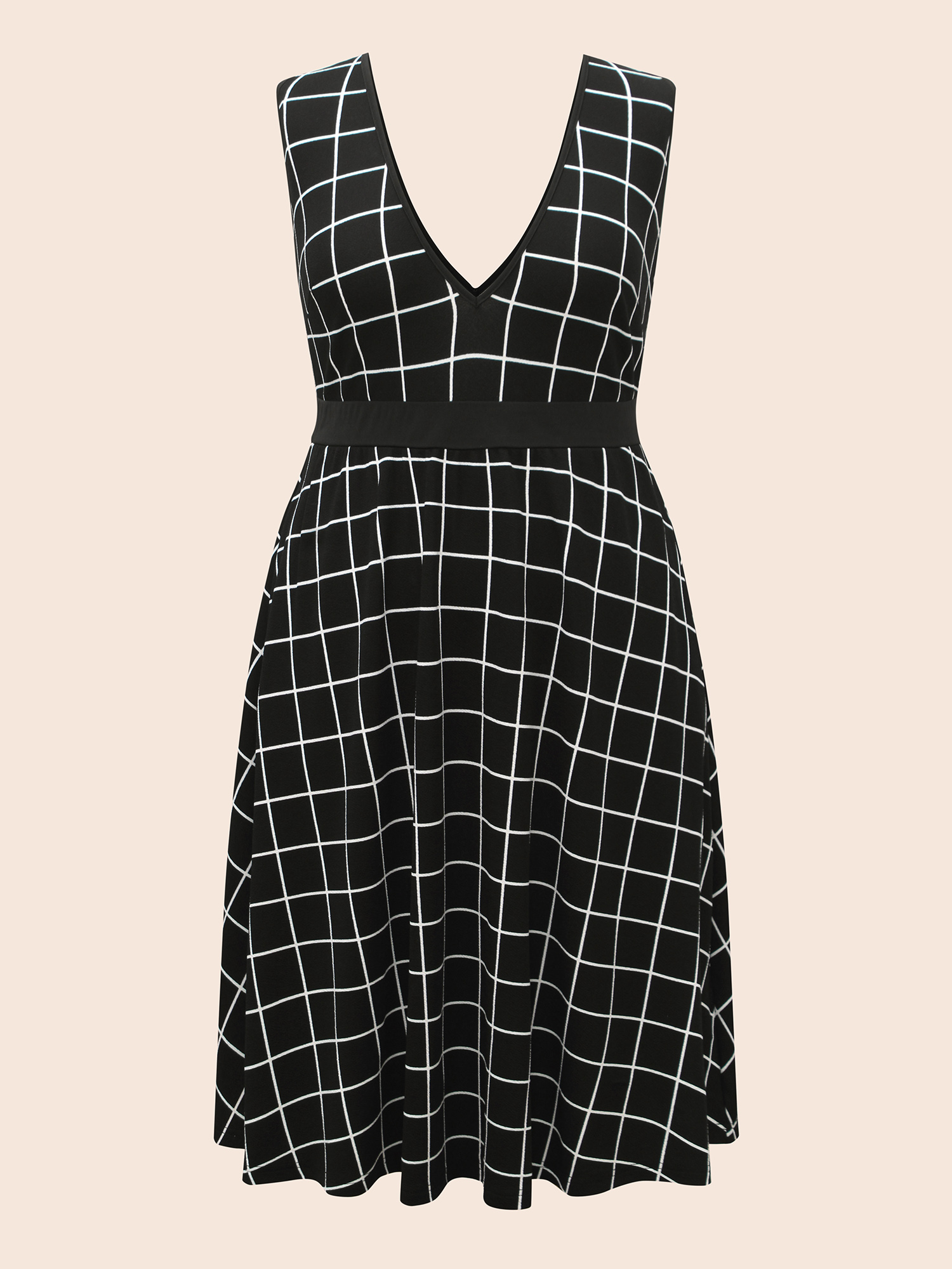 

Plus Size Plaid Elastic Waist Overall Dress Black Women At the Office Contrast Deep V-neck Sleeveless Curvy BloomChic