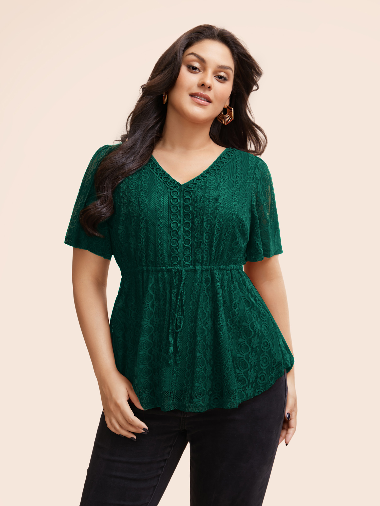 

Plus Size DarkGreen V Neck Lace Panel Drawstring Blouse Women Elegant Short sleeve V-neck Everyday Blouses BloomChic