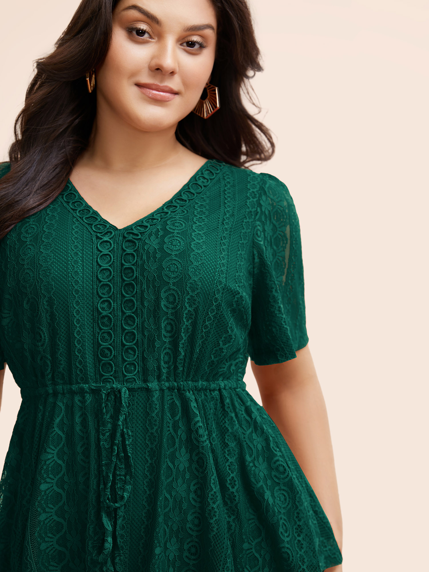 Plus Size DarkGreen V Neck Lace Panel Drawstring Blouse Women Elegant Short sleeve V-neck Everyday Blouses BloomChic 28/5X 