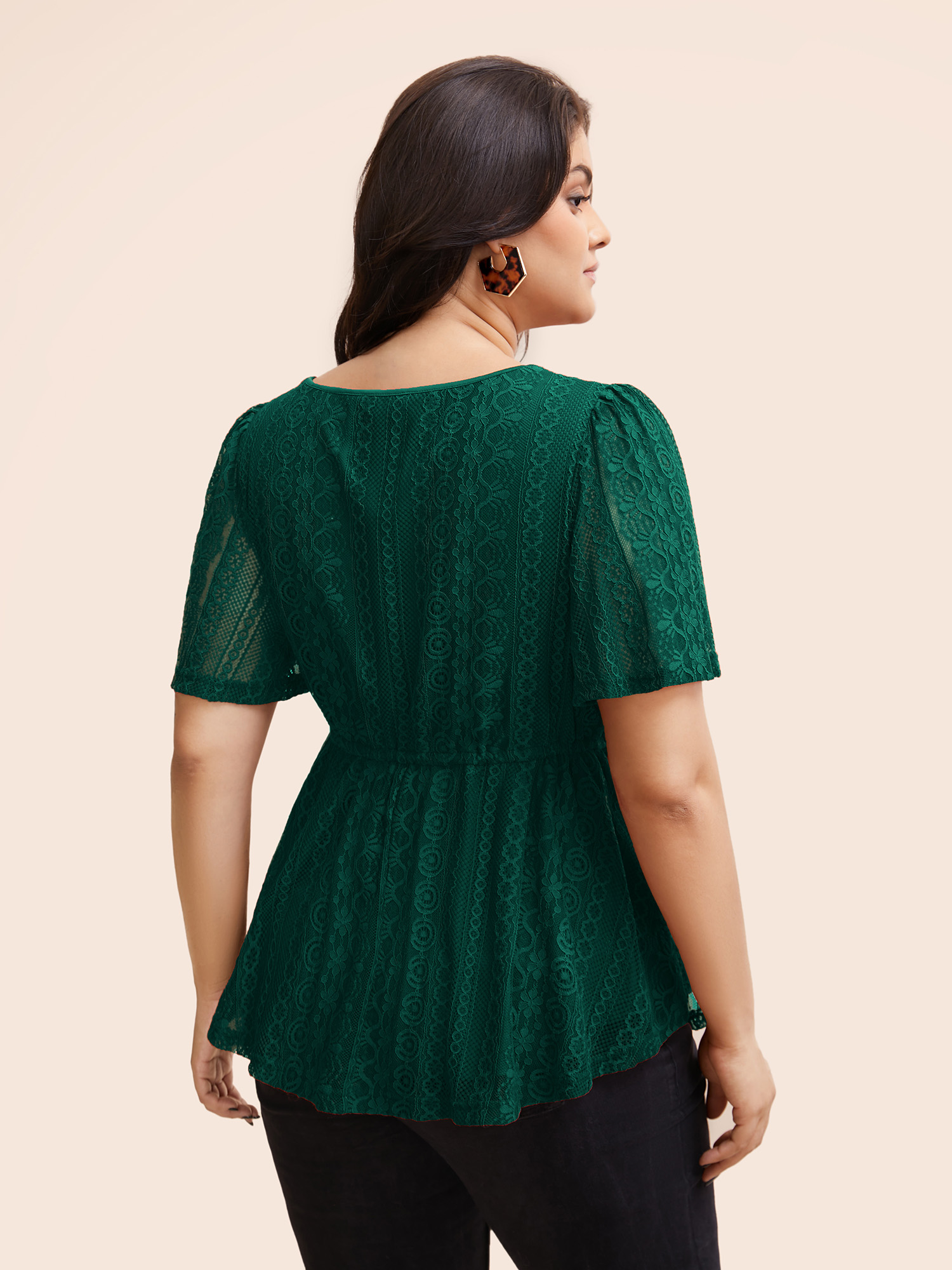 Plus Size DarkGreen V Neck Lace Panel Drawstring Blouse Women Elegant Short sleeve V-neck Everyday Blouses BloomChic 28/5X 