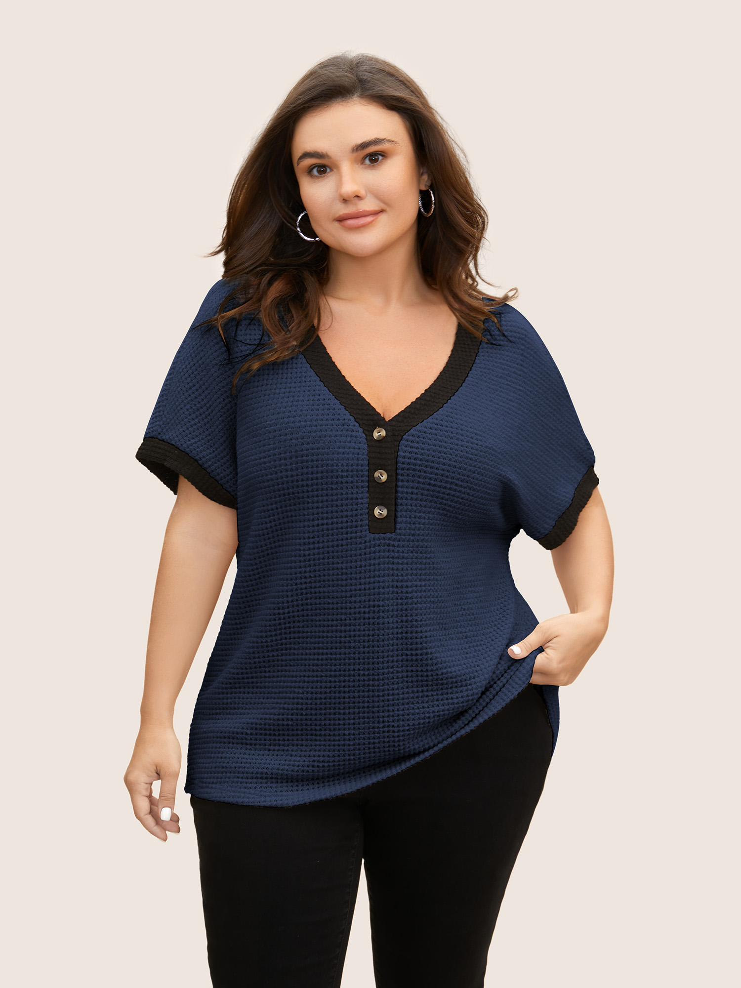 

Plus Size V Neck Contrast Button Detail Knit T-shirt Indigo Women Casual Texture V-neck Everyday T-shirts BloomChic