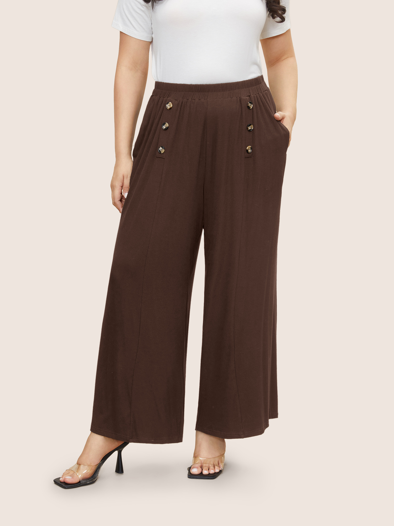 

Plus Size Supersoft Essentials Button Detail Wide Leg Pants Women Browncoffeecolor Elegant Wide Leg High Rise Everyday Pants BloomChic