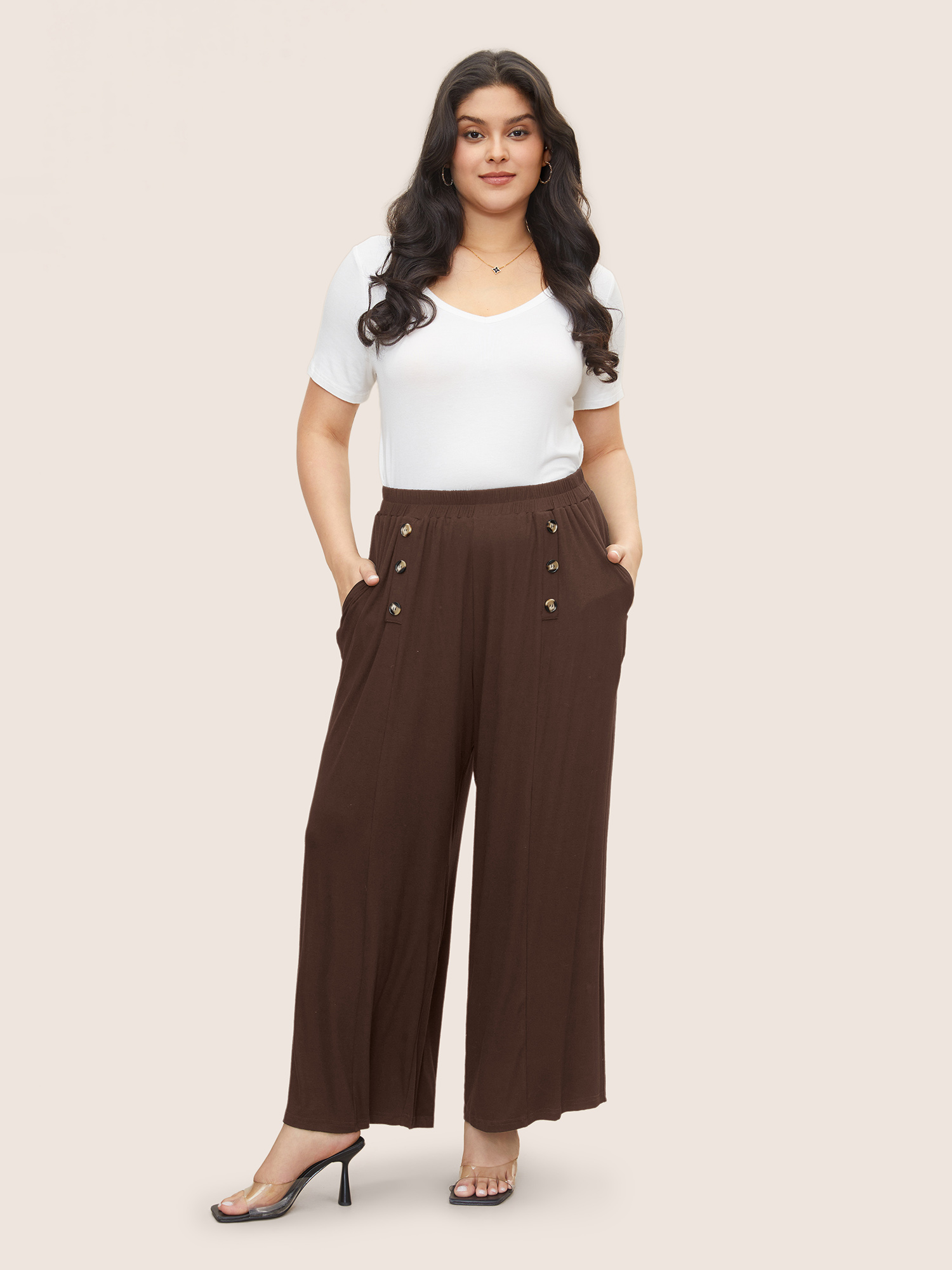 

Plus Size Supersoft Essentials Button Detail Wide Leg Pants Women Browncoffeecolor Elegant Wide Leg High Rise Everyday Pants BloomChic