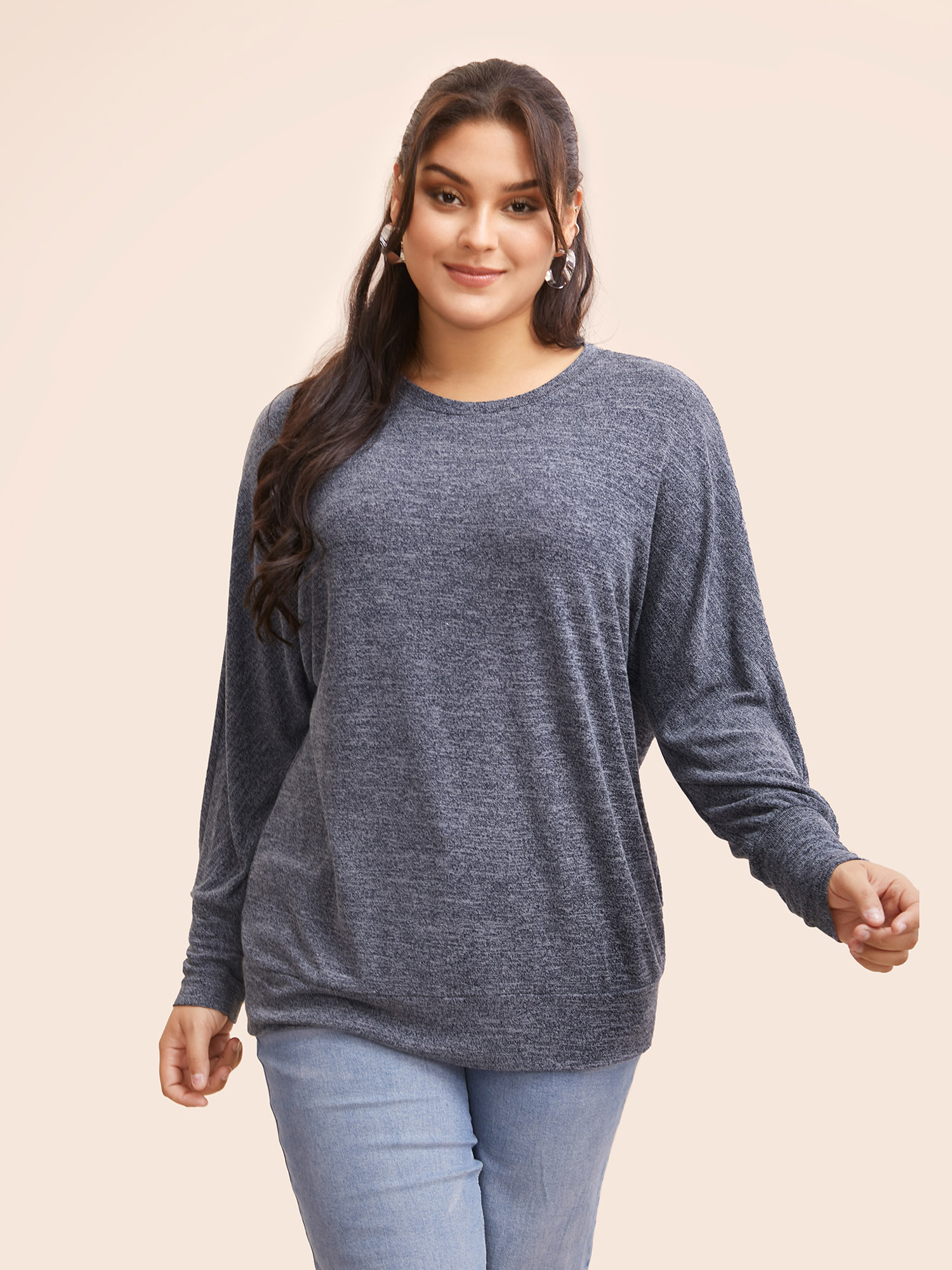 

Plus Size Crew Neck Solid Heather Dolman Sleeve T-shirt Indigo Women Casual Non Round Neck Everyday T-shirts BloomChic