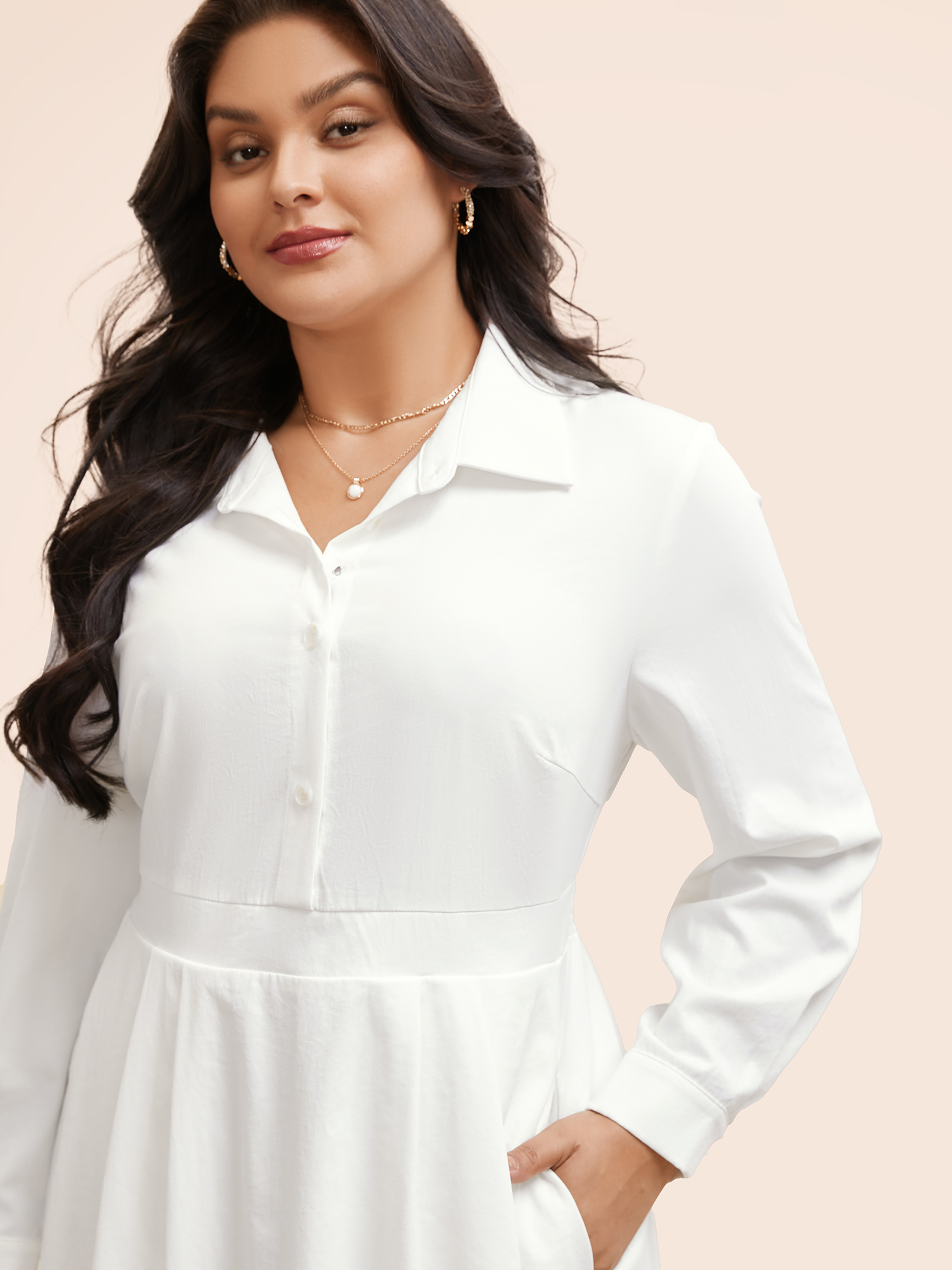 

Plus Size Plain Shirt Collar Shirred Bubble Dress Originalwhite Women Elegant Button Shirt collar Long Sleeve Curvy BloomChic