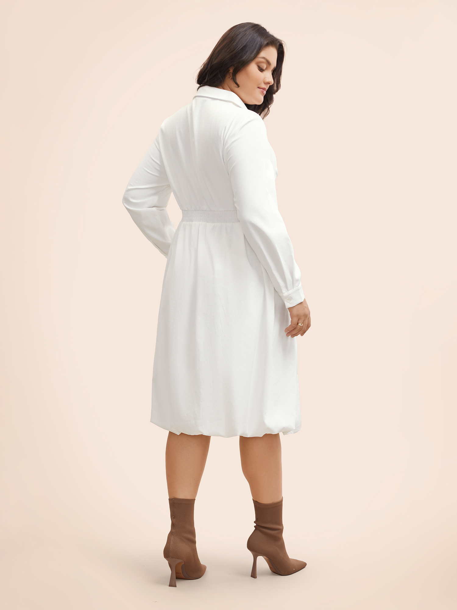 Plus Size Plain Shirt Collar Shirred Bubble Dress Originalwhite Women Elegant Button Shirt collar Long Sleeve Curvy BloomChic 10/M 