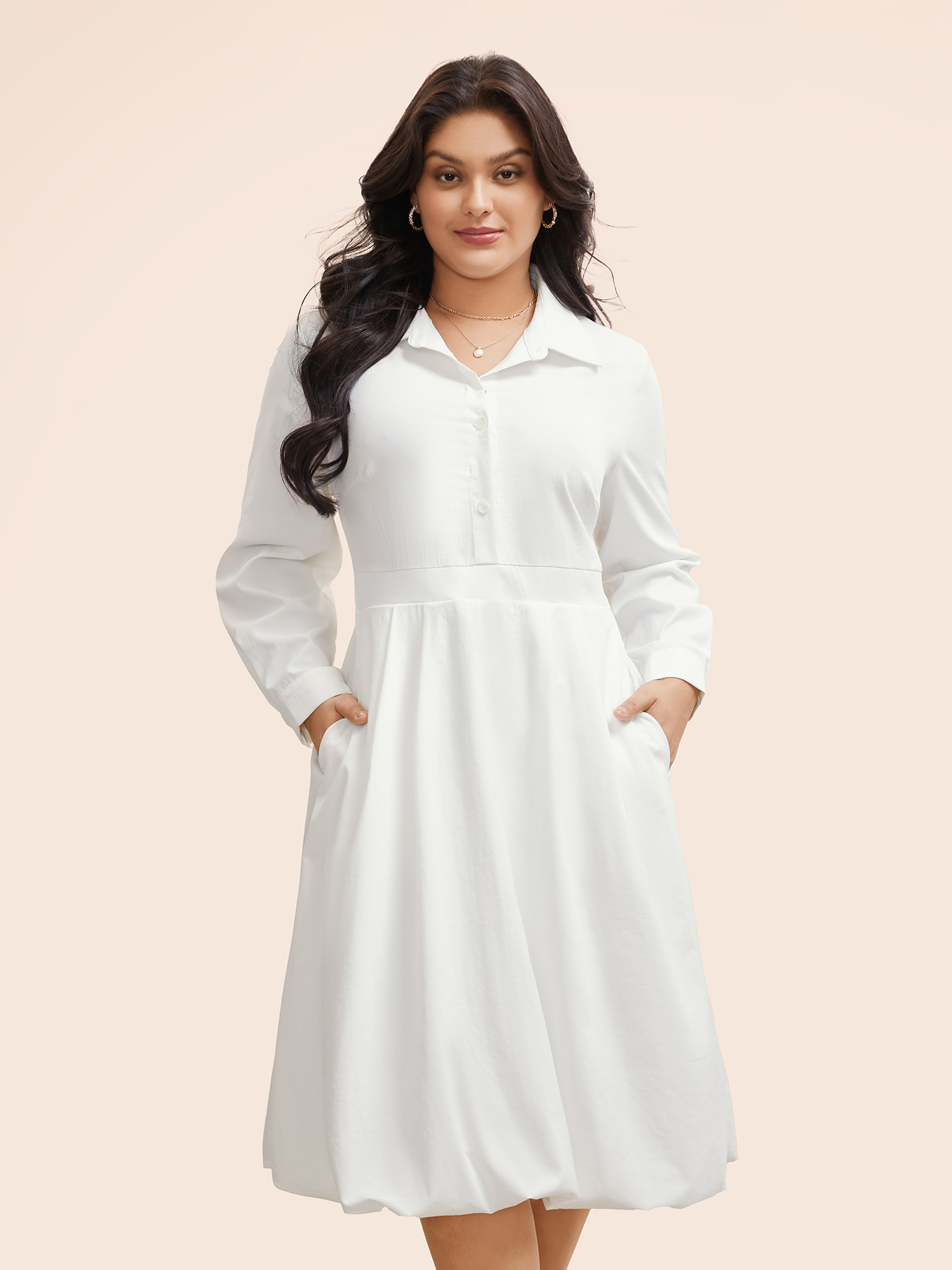 Plus Size Plain Shirt Collar Shirred Bubble Dress Originalwhite Women Elegant Button Shirt collar Long Sleeve Curvy BloomChic 10/M 