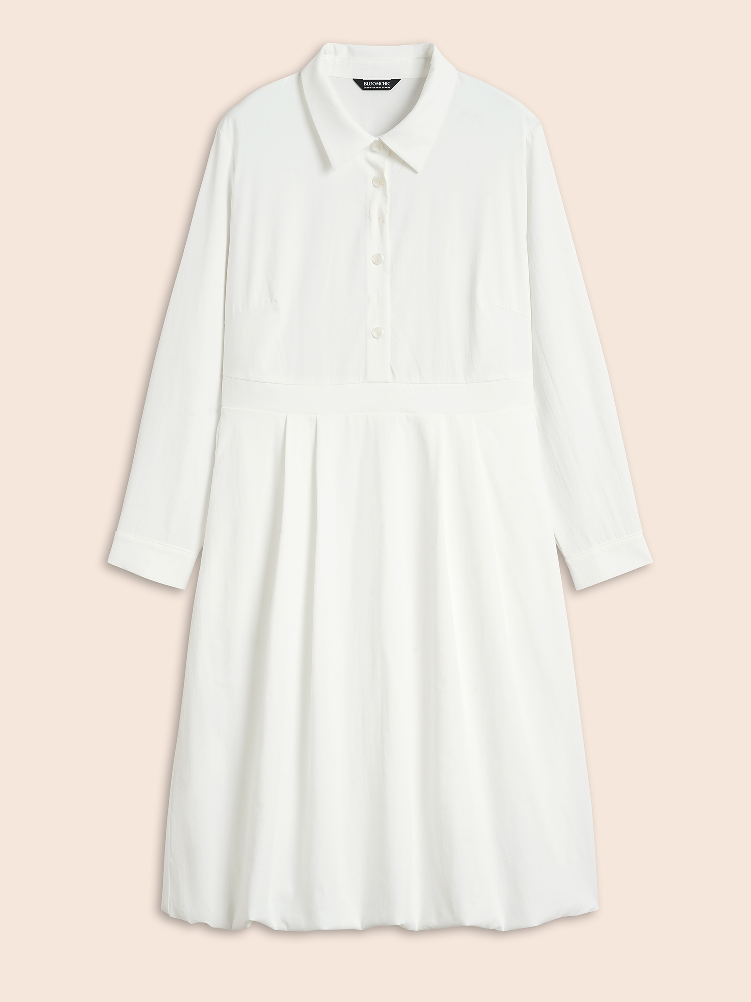 Plus Size Plain Shirt Collar Shirred Bubble Dress Originalwhite Women Elegant Button Shirt collar Long Sleeve Curvy BloomChic 10/M 