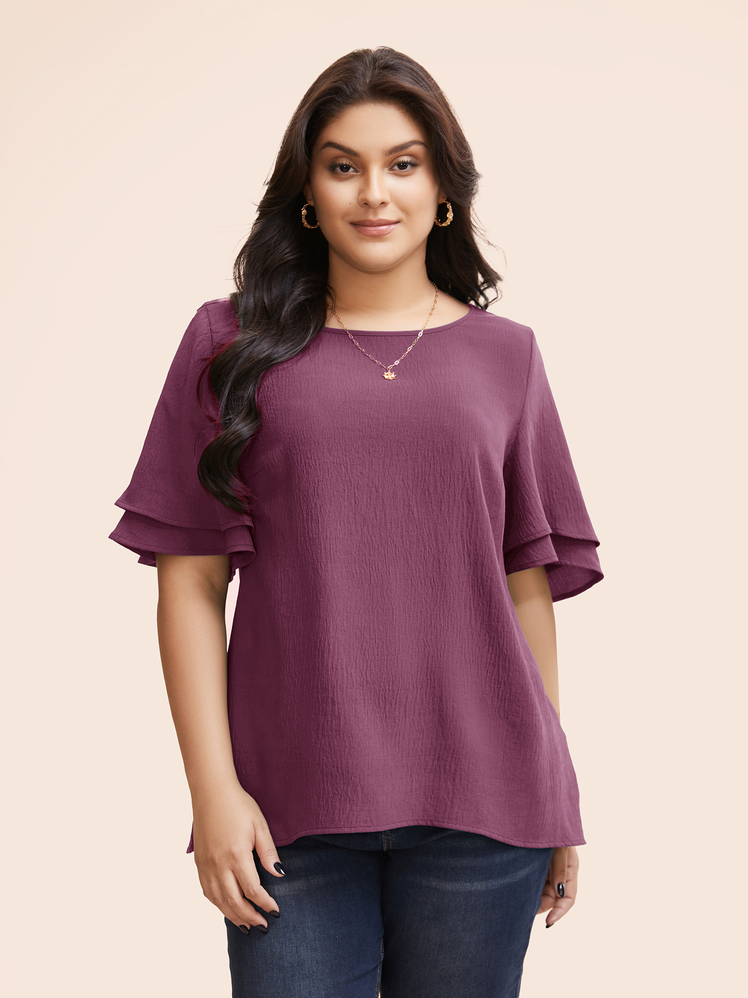 

Plus Size Plum Solid Tiered Ruffles Split Hem Blouse Women Elegant Half Sleeve Boat Neck Everyday Blouses BloomChic