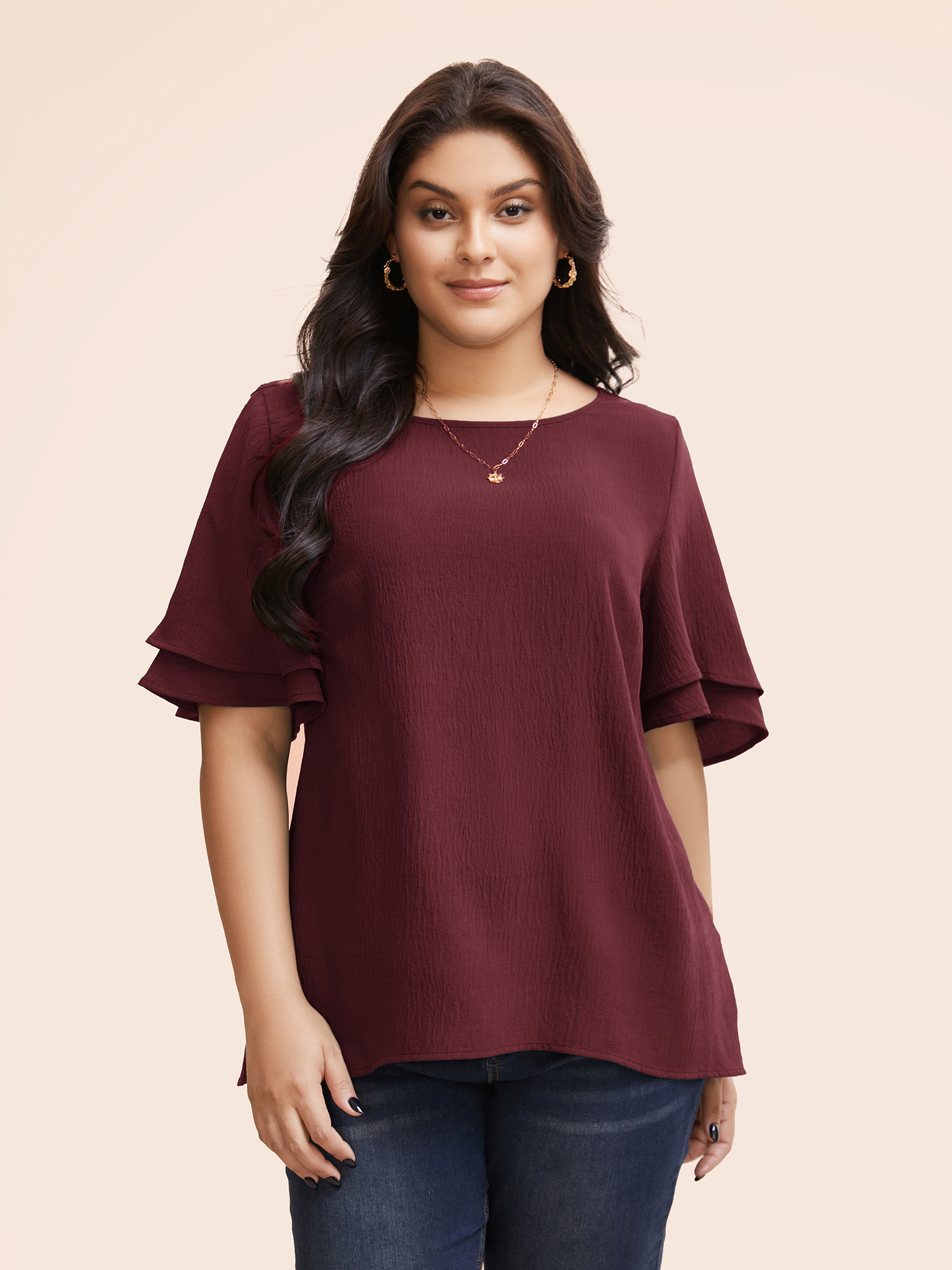 

Plus Size Burgundy Solid Tiered Ruffles Split Hem Blouse Women Elegant Half Sleeve Boat Neck Everyday Blouses BloomChic