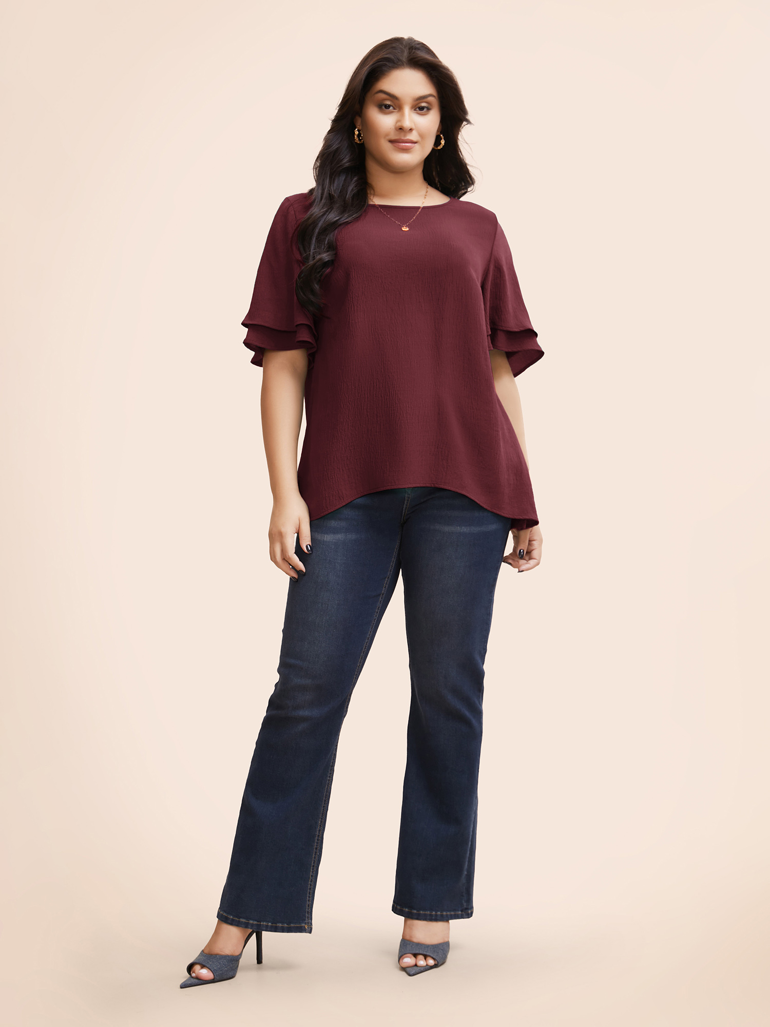 

Plus Size Burgundy Solid Tiered Ruffles Split Hem Blouse Women Elegant Half Sleeve Boat Neck Everyday Blouses BloomChic