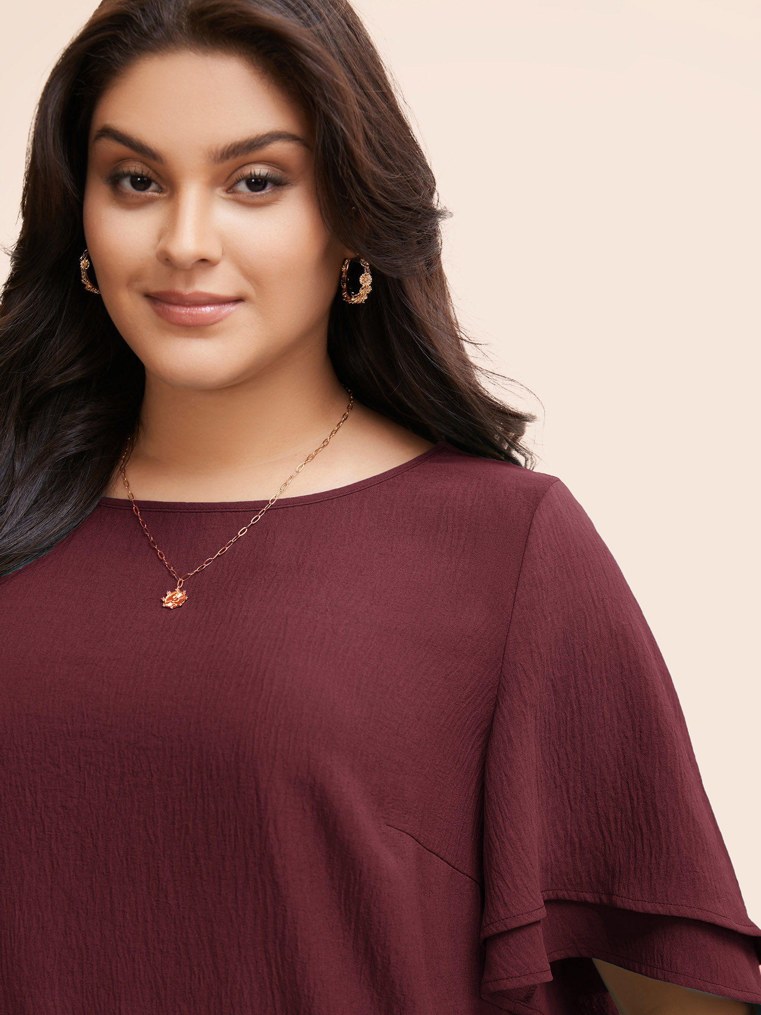 Plus Size Burgundy Solid Tiered Ruffles Split Hem Blouse Women Elegant Half Sleeve Boat Neck Everyday Blouses BloomChic 10/M 