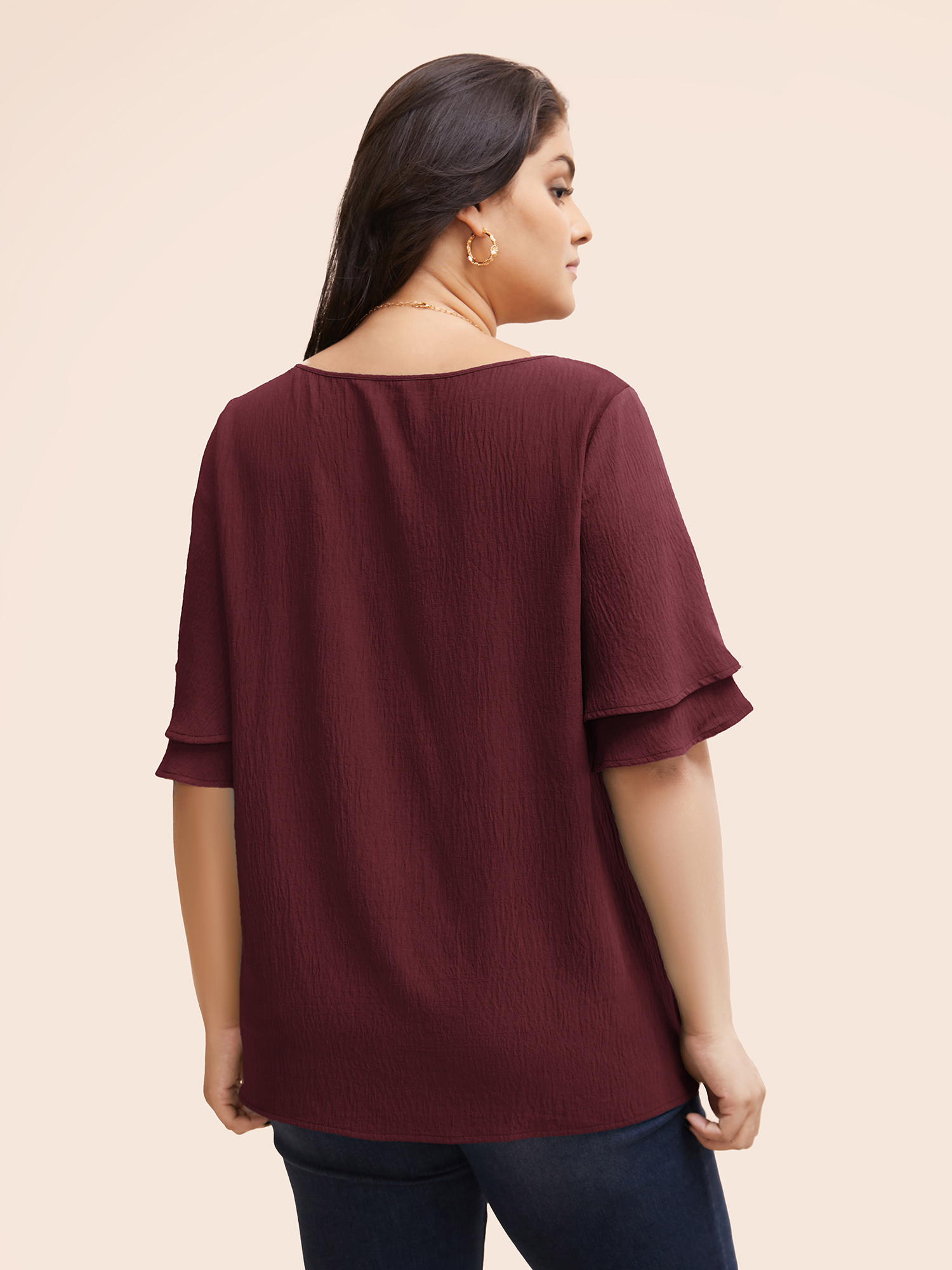 Plus Size Burgundy Solid Tiered Ruffles Split Hem Blouse Women Elegant Half Sleeve Boat Neck Everyday Blouses BloomChic 10/M 