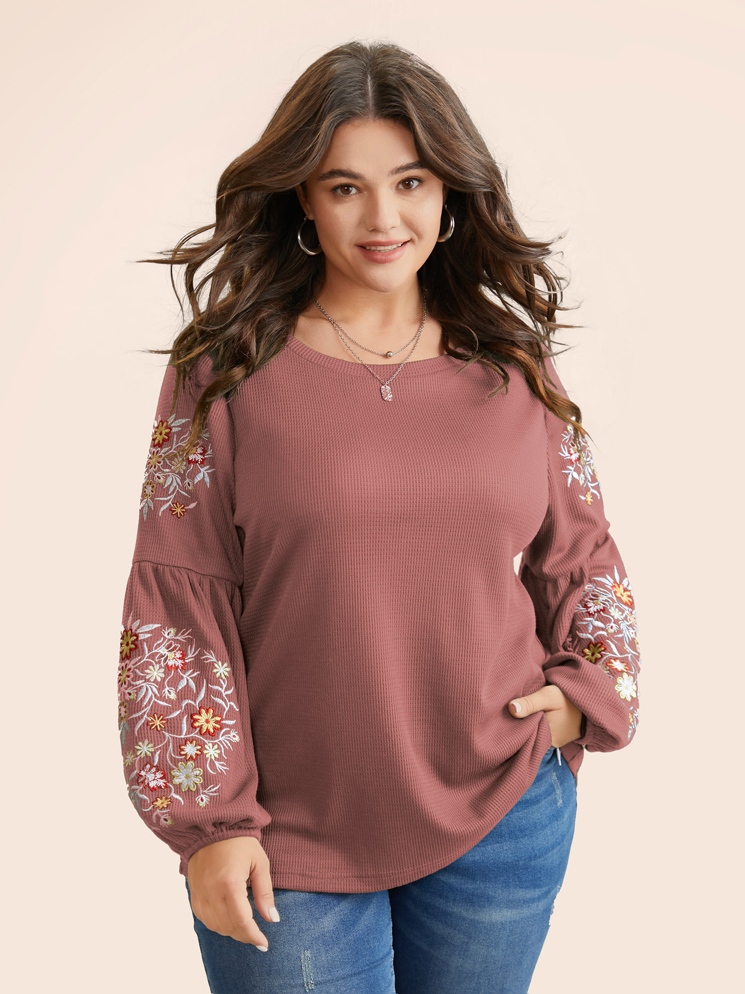 

Plus Size Waffle Knit Floral Embroidered Lantern Sleeve T-shirt DustyPink Women Elegant Texture Floral Round Neck Everyday T-shirts BloomChic