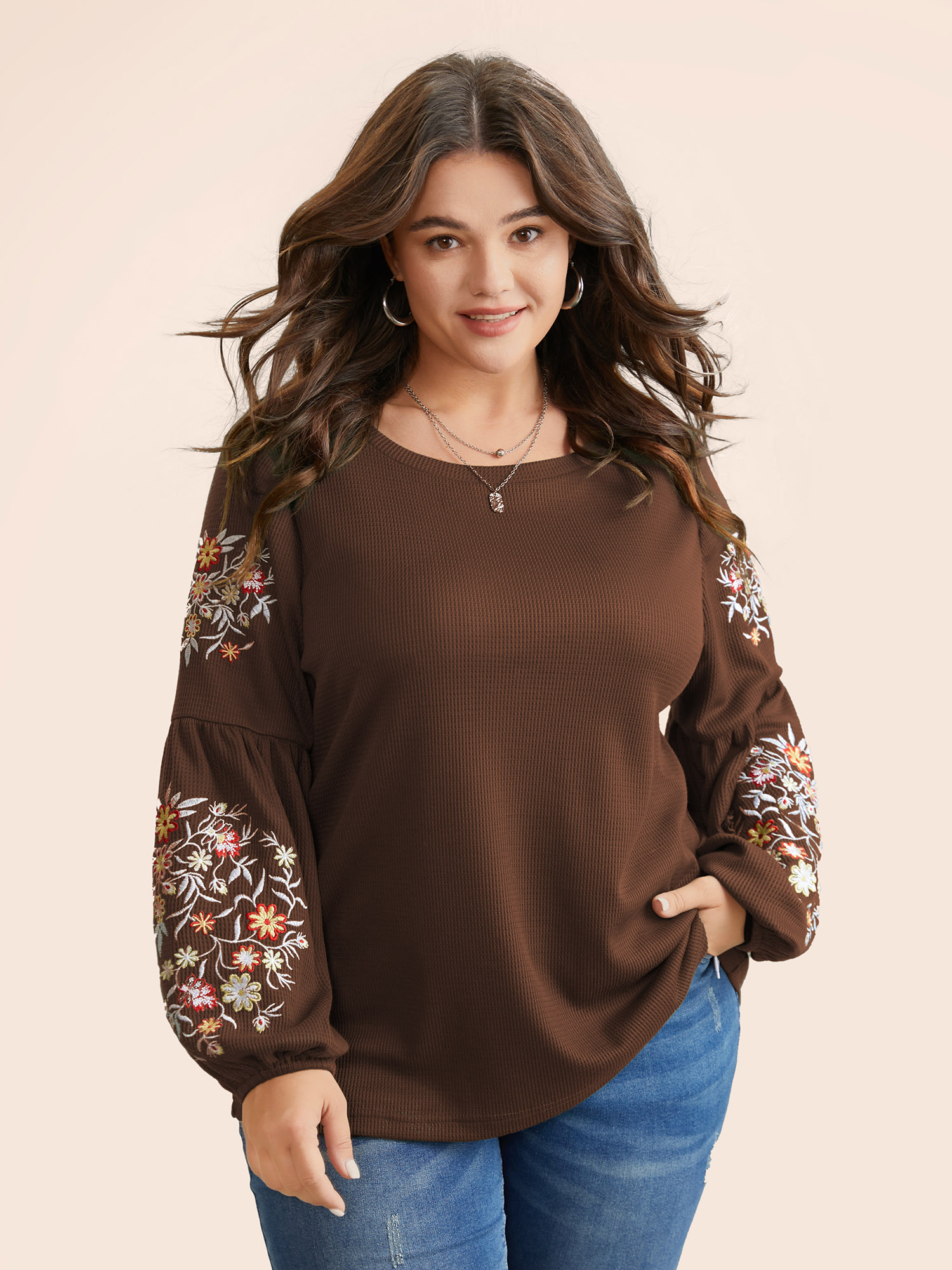 

Plus Size Waffle Knit Floral Embroidered Lantern Sleeve T-shirt DarkBrown Women Elegant Texture Floral Round Neck Everyday T-shirts BloomChic