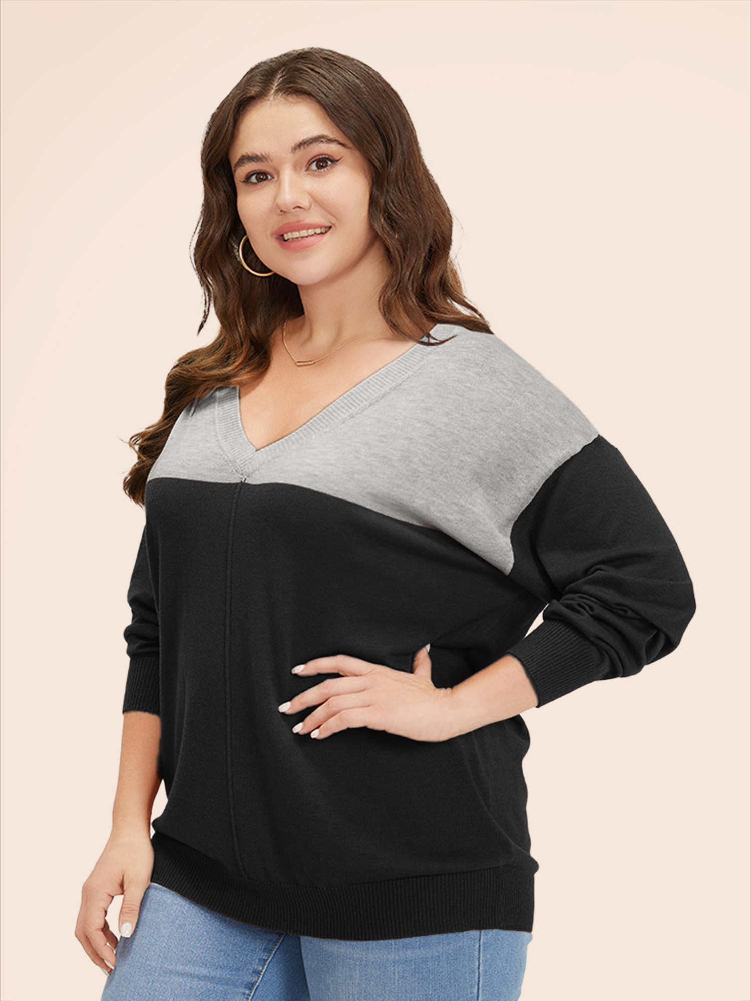 

Plus Size Supersoft Essentials Colorblock Two Tone Patchwork V Neck Pullover Black Women Casual Loose Long Sleeve V-neck Dailywear Pullovers BloomChic