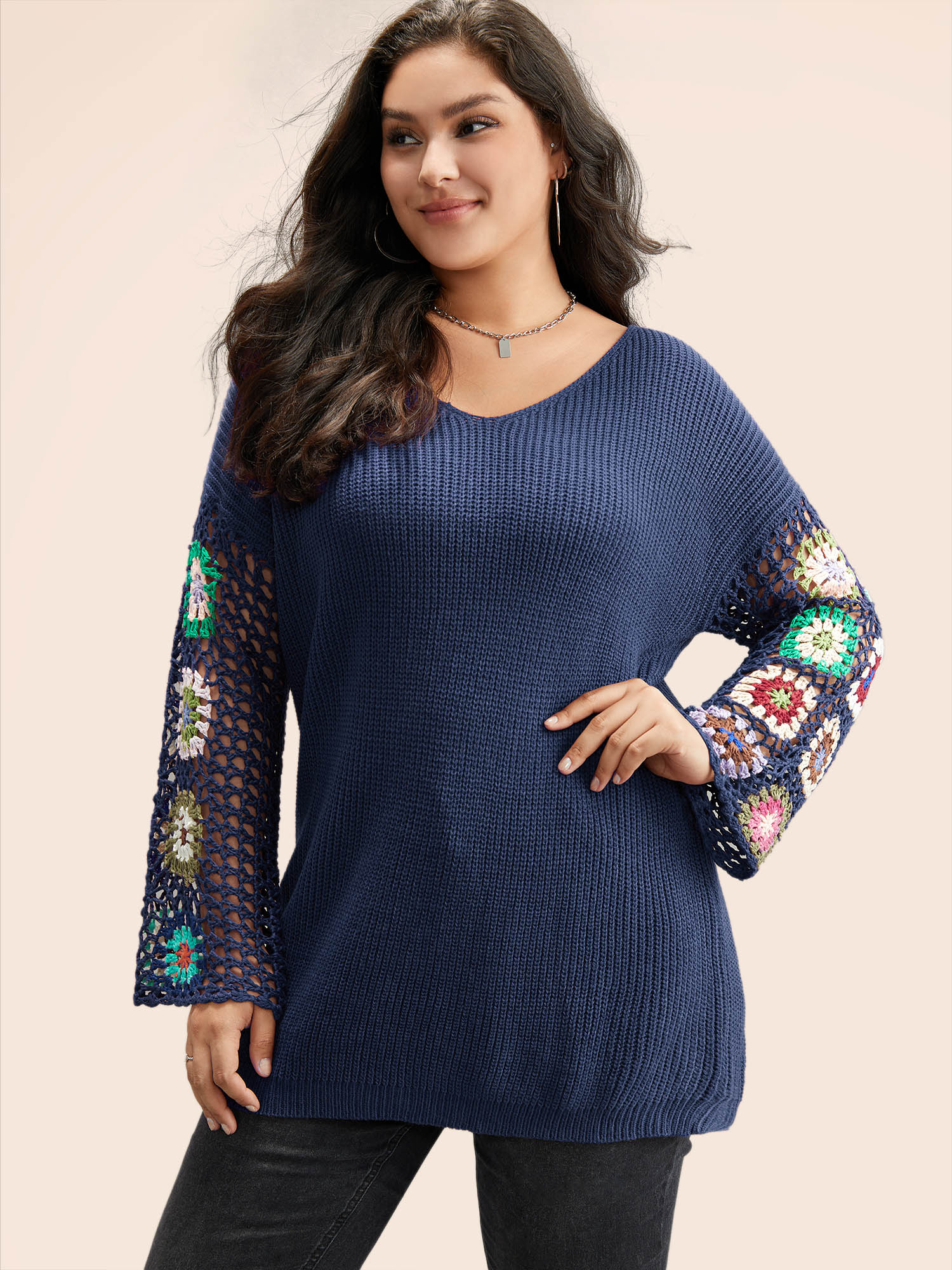 BloomChic Women's Plus Size Floral Embroidered Hollow Out Pullover Indigo Patchwork 10/M