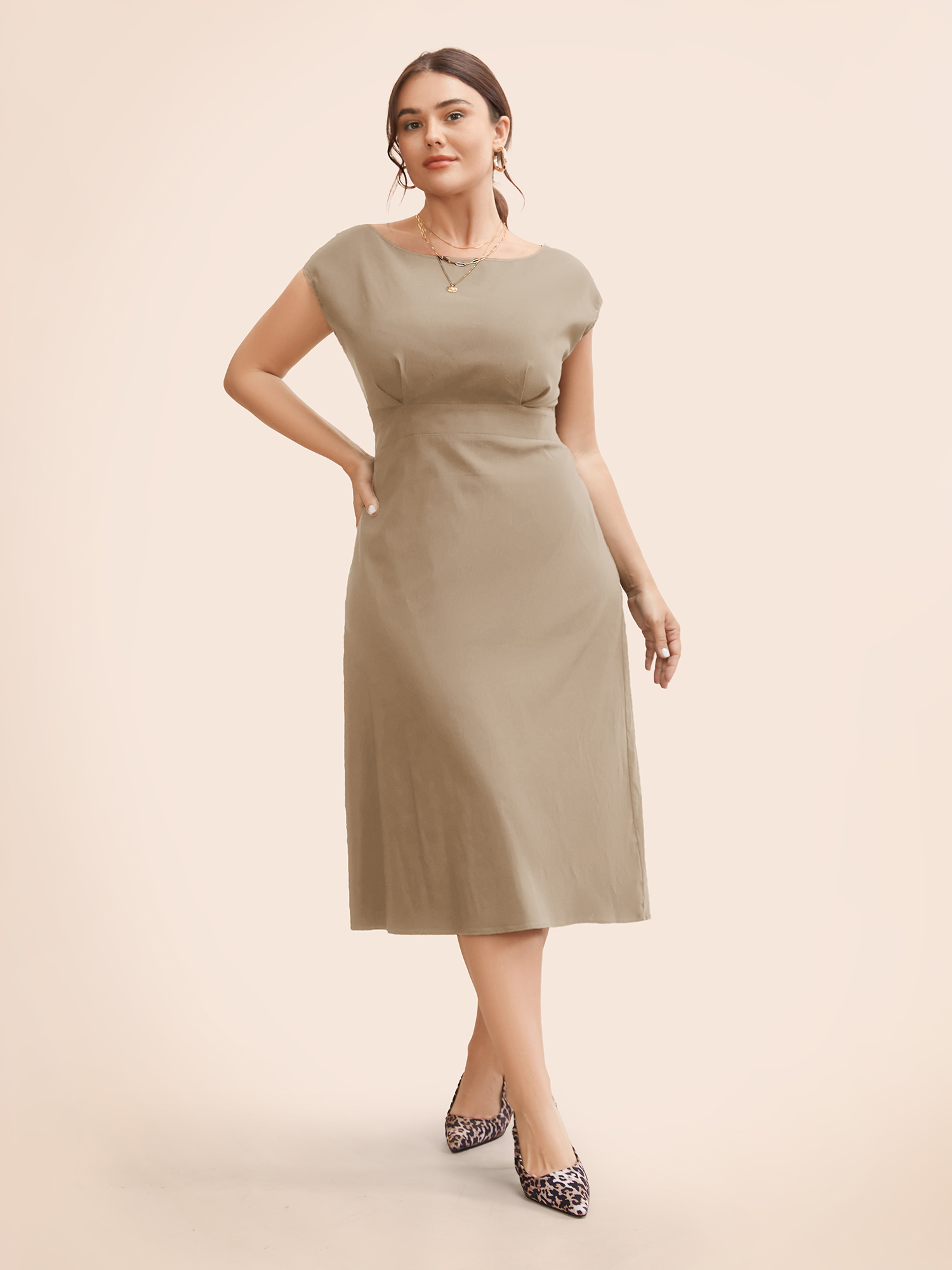 

Plus Size Stretch Woven Cowl Neckline Midi Dress LightBrown Women Workwear Essentials Pleated Boat Neck Cap Sleeve Curvy BloomChic