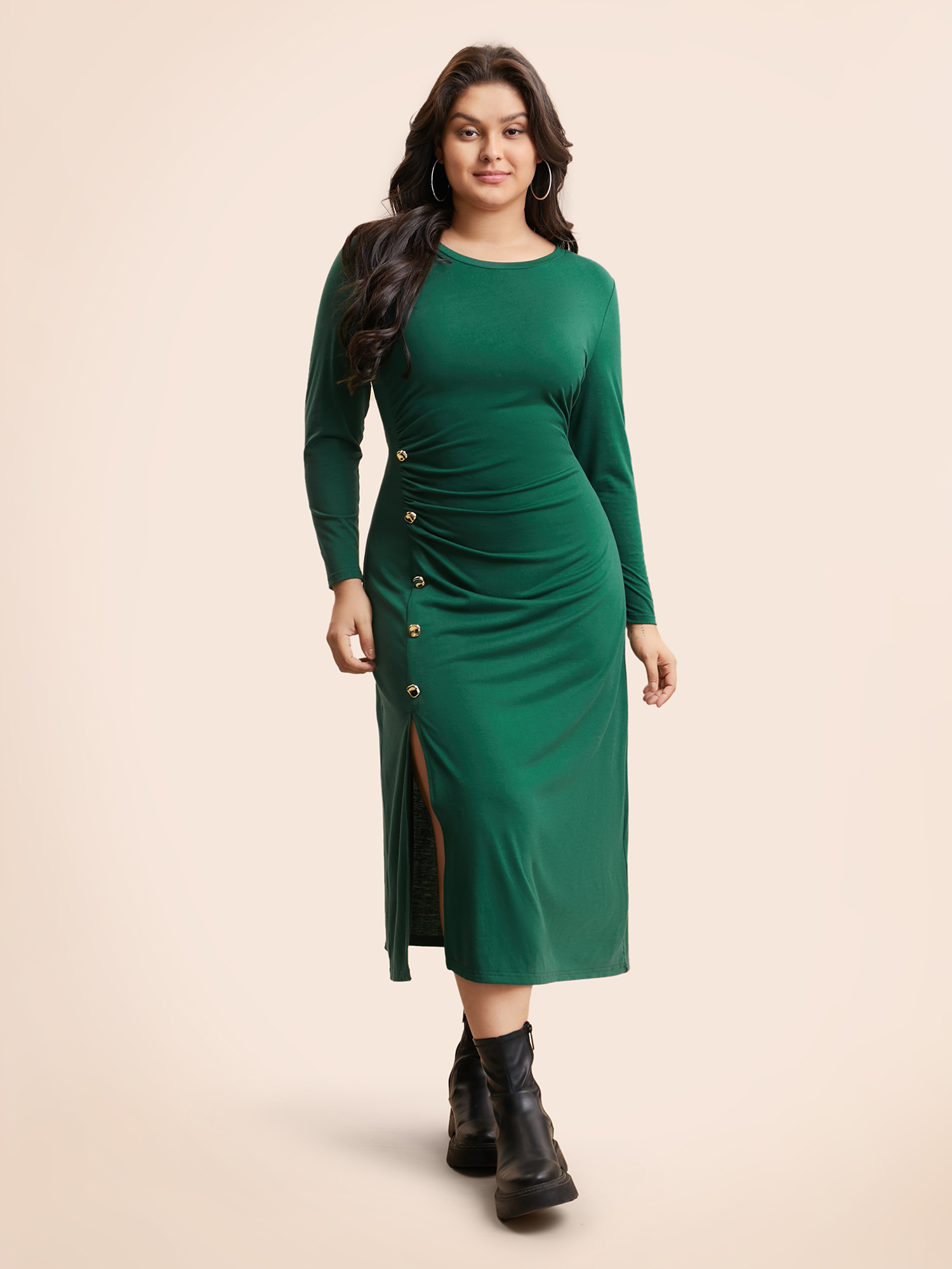 Plus Size Plain Button Detail Split Hem Dress DarkGreen Women Casual Gathered Round Neck Long Sleeve Curvy BloomChic 22-24/3X 