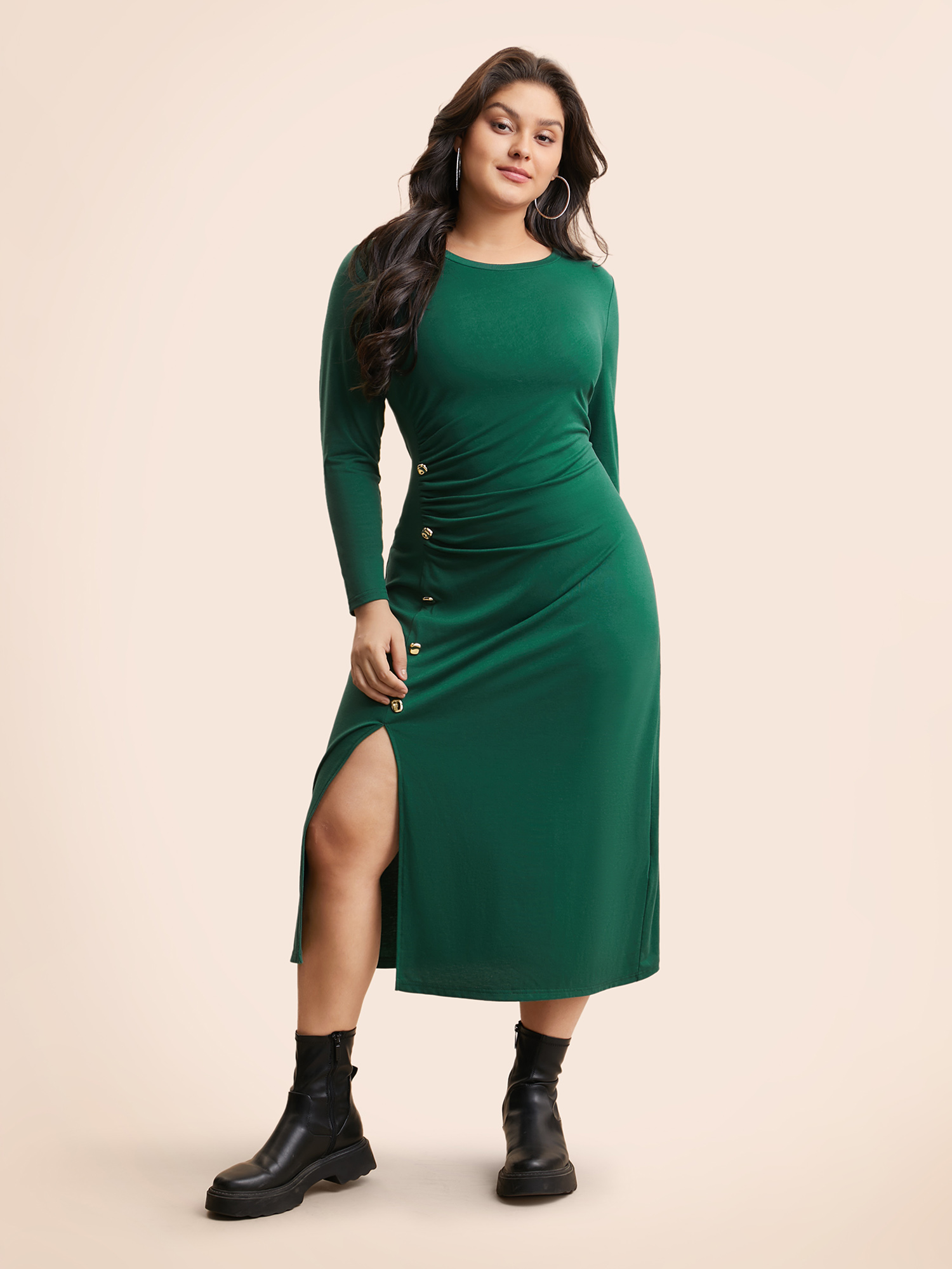 Plus Size Plain Button Detail Split Hem Dress DarkGreen Women Casual Gathered Round Neck Long Sleeve Curvy BloomChic 22-24/3X 