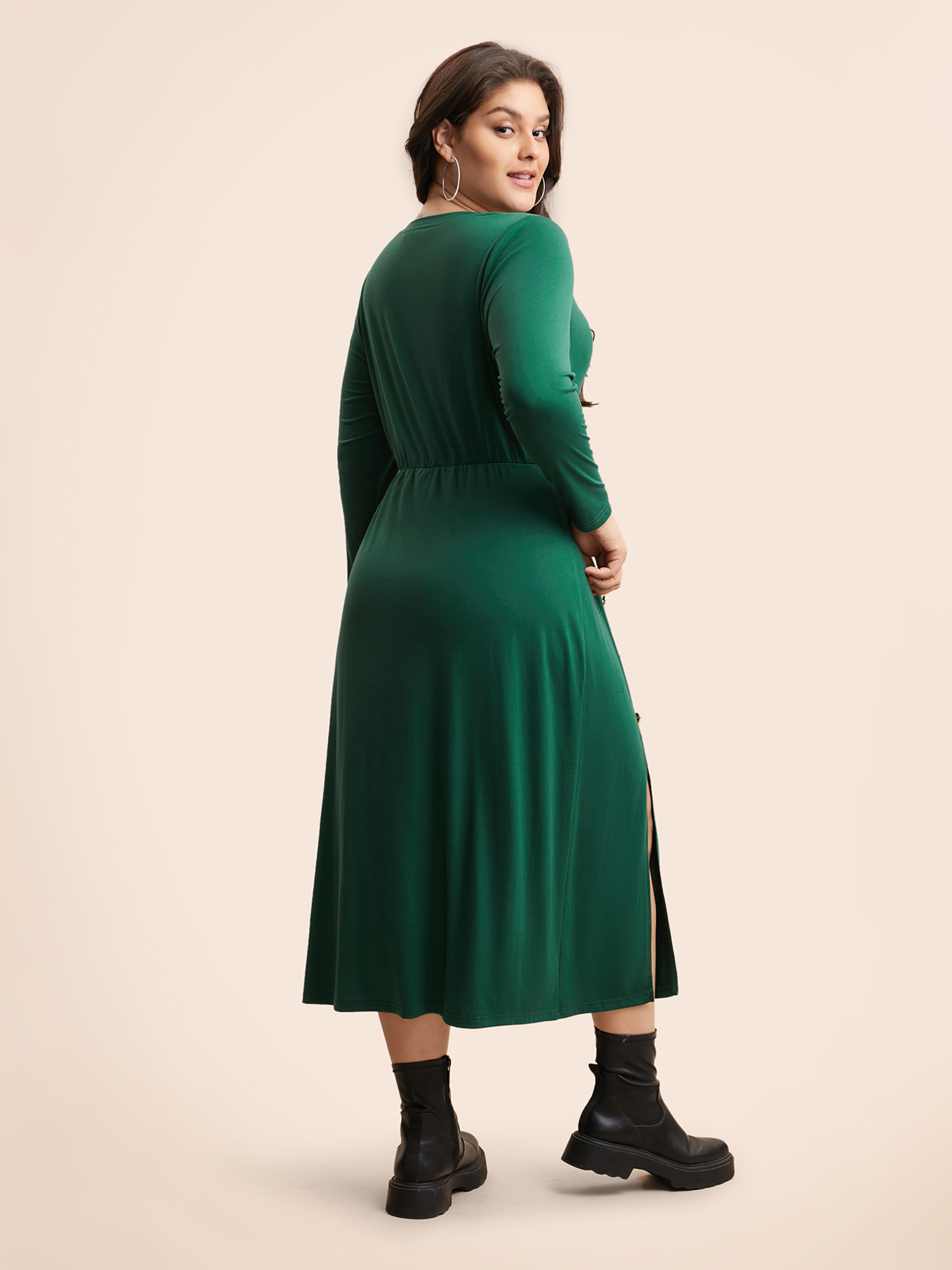 Plus Size Plain Button Detail Split Hem Dress DarkGreen Women Casual Gathered Round Neck Long Sleeve Curvy BloomChic 22-24/3X 