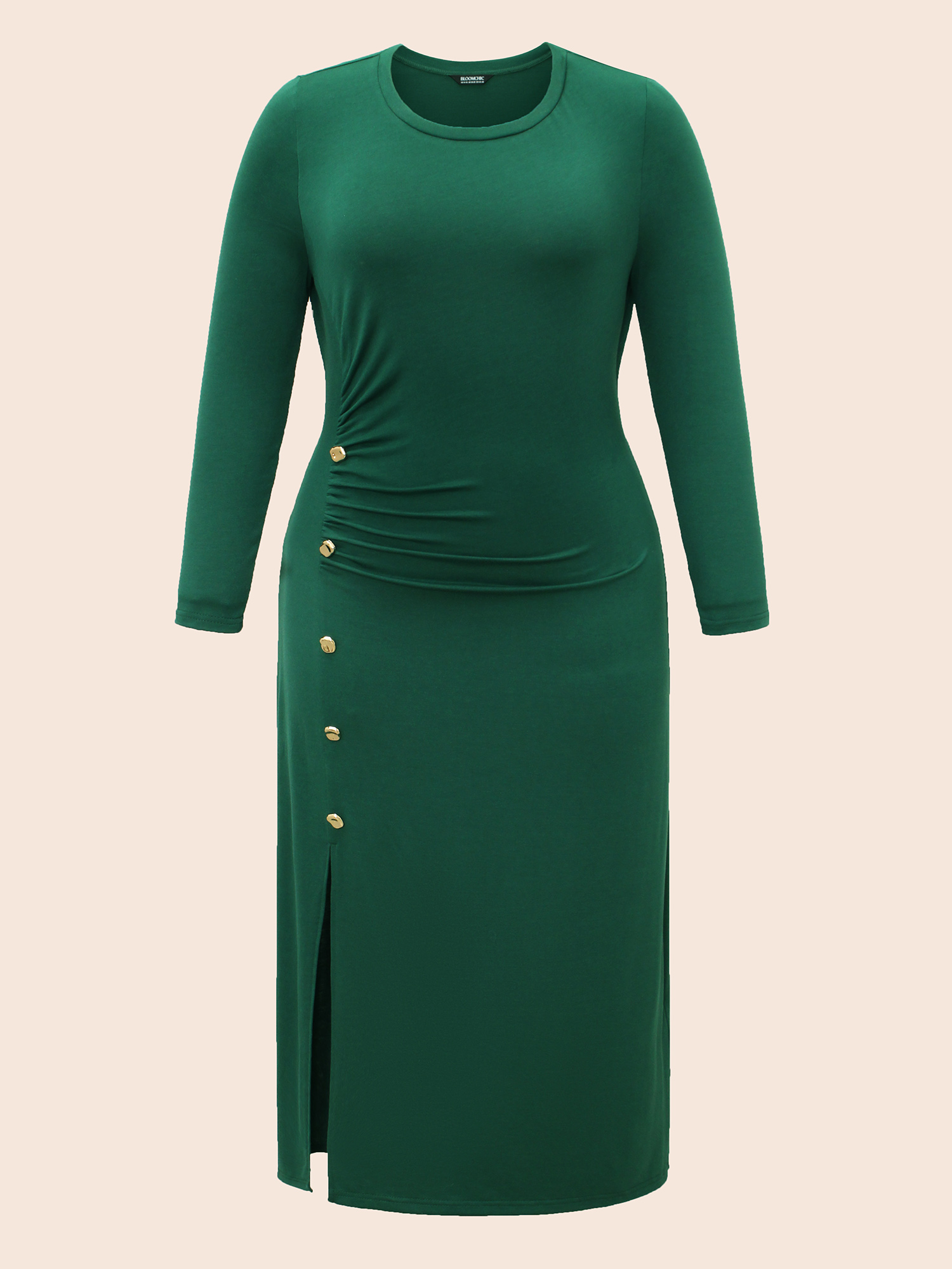 

Plus Size Plain Button Detail Split Hem Dress DarkGreen Women Casual Gathered Round Neck Long Sleeve Curvy BloomChic