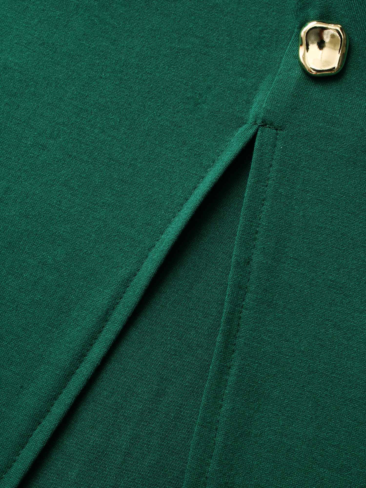 Plus Size Plain Button Detail Split Hem Dress DarkGreen Women Casual Gathered Round Neck Long Sleeve Curvy BloomChic 22-24/3X 