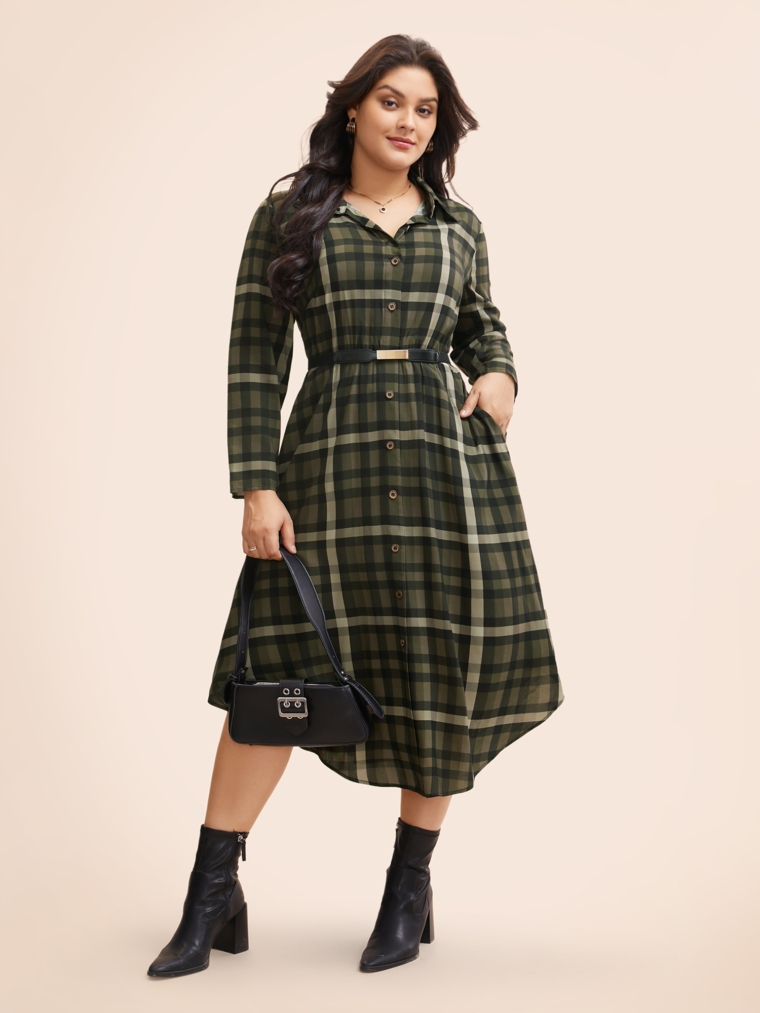 

Plus Size Plaid Shirt Collar Curved Hem Dress Yellowishbrown Women Elegant Button Shirt collar Long Sleeve Curvy BloomChic