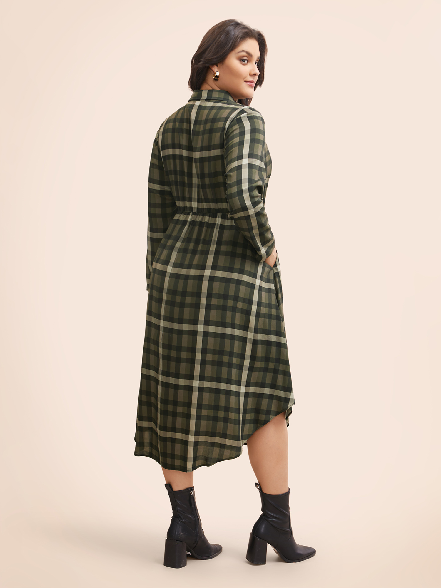 

Plus Size Plaid Shirt Collar Curved Hem Dress Yellowishbrown Women Elegant Button Shirt collar Long Sleeve Curvy BloomChic