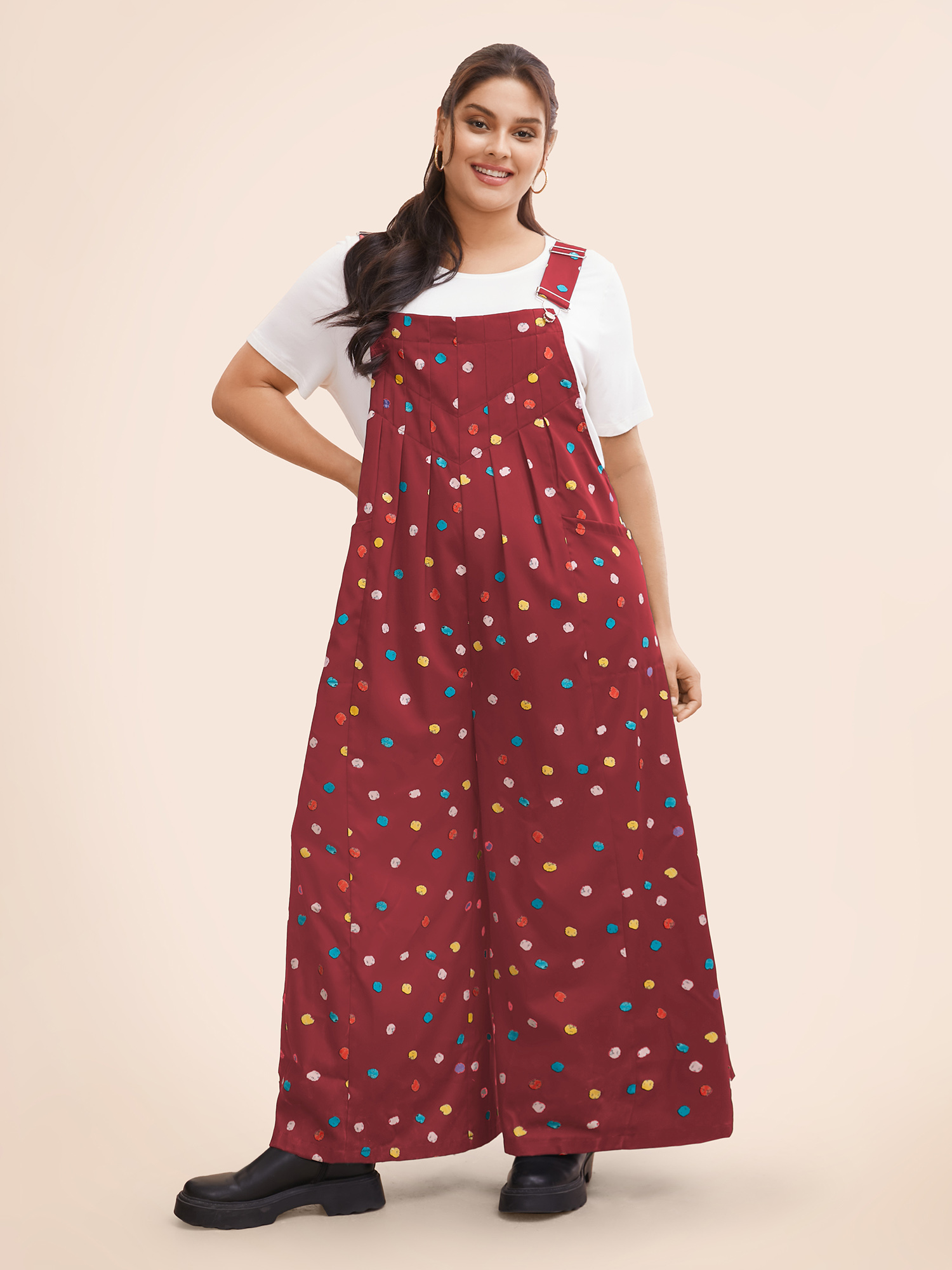 

Plus Size Burgundy Painted Polka Dot Adjustable Straps Jumpsuit Women Casual Sleeveless Non Everyday Loose Jumpsuits BloomChic