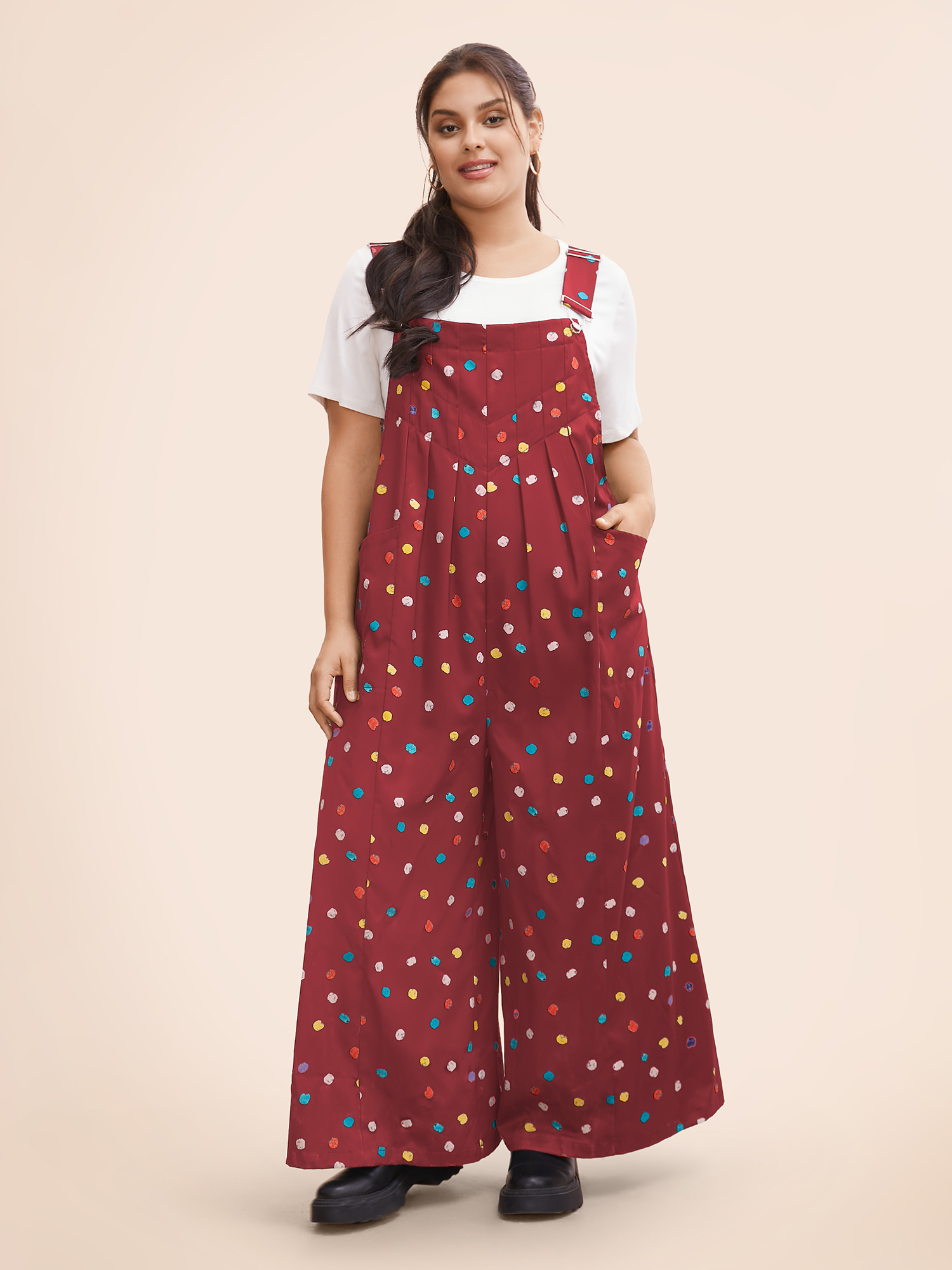 

Plus Size Burgundy Painted Polka Dot Adjustable Straps Jumpsuit Women Casual Sleeveless Non Everyday Loose Jumpsuits BloomChic