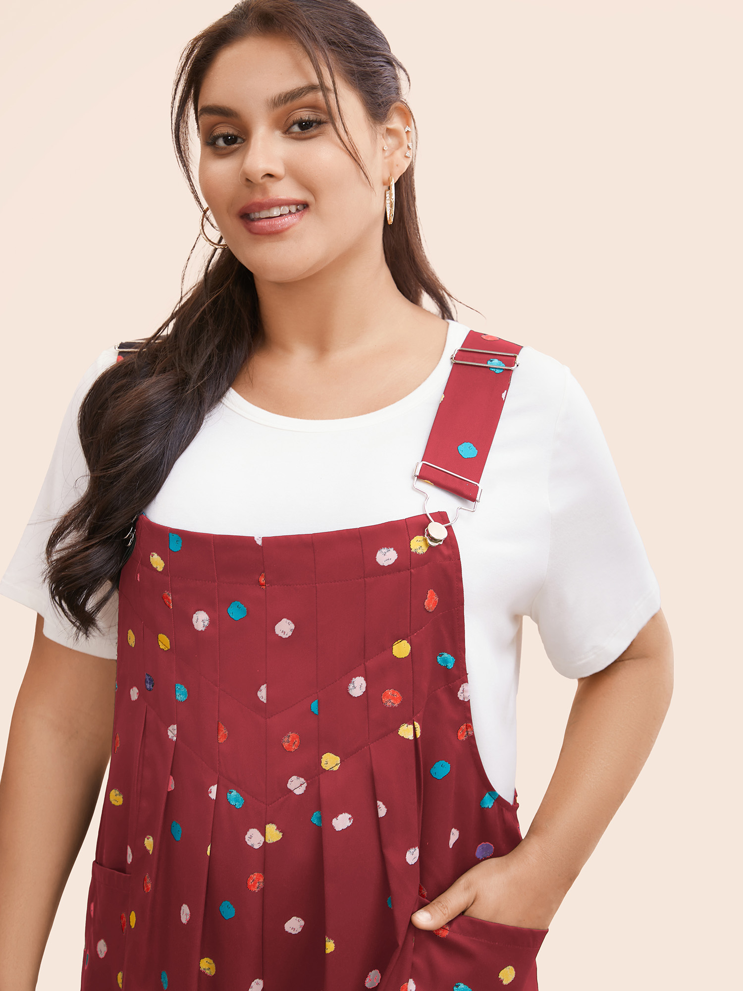 Plus Size Burgundy Painted Polka Dot Adjustable Straps Jumpsuit Women Casual Sleeveless Non Everyday Loose Jumpsuits BloomChic 28/5X 