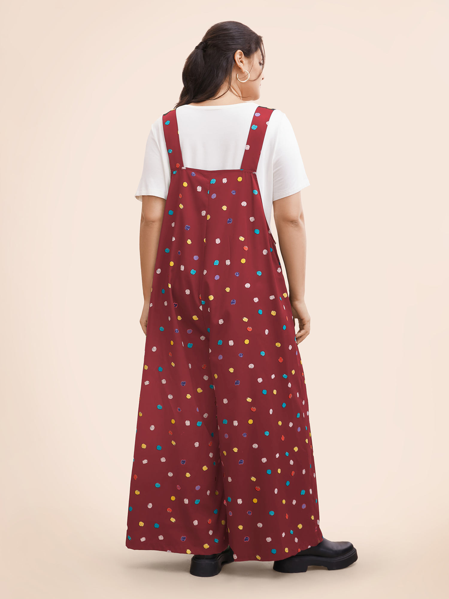 Plus Size Burgundy Painted Polka Dot Adjustable Straps Jumpsuit Women Casual Sleeveless Non Everyday Loose Jumpsuits BloomChic 28/5X 