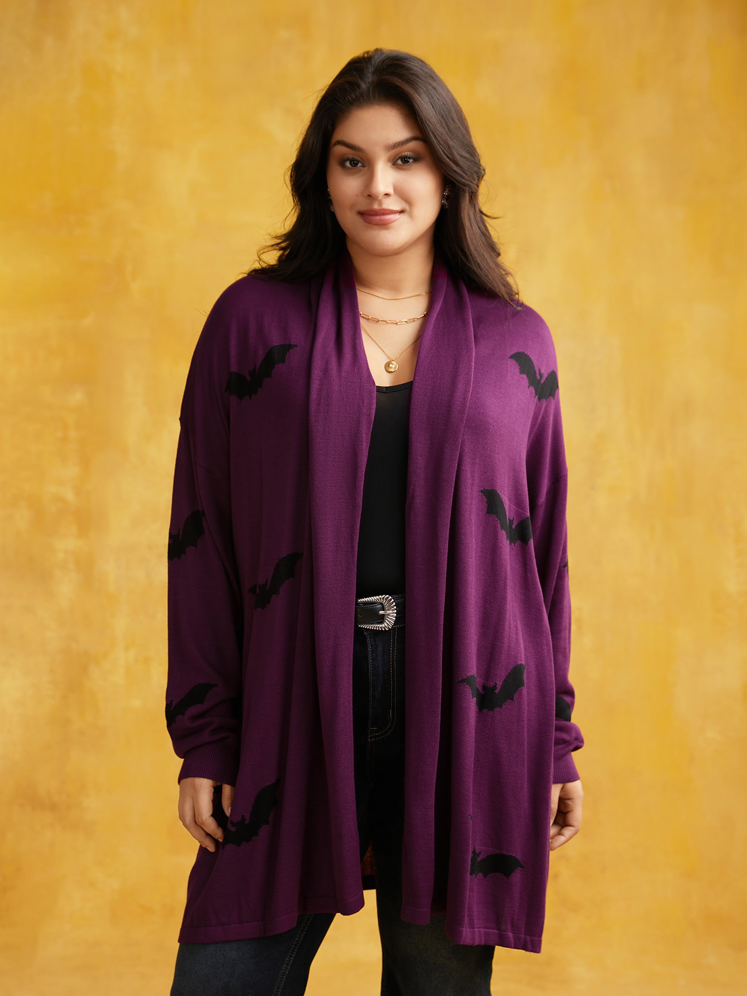 Plus Size Supersoft Essentials Halloween Bat Pattern Lapel Collar Cardigan Eggplant Women Casual Loose Long Sleeve Festival-Halloween Cardigans BloomChic 30/6X 