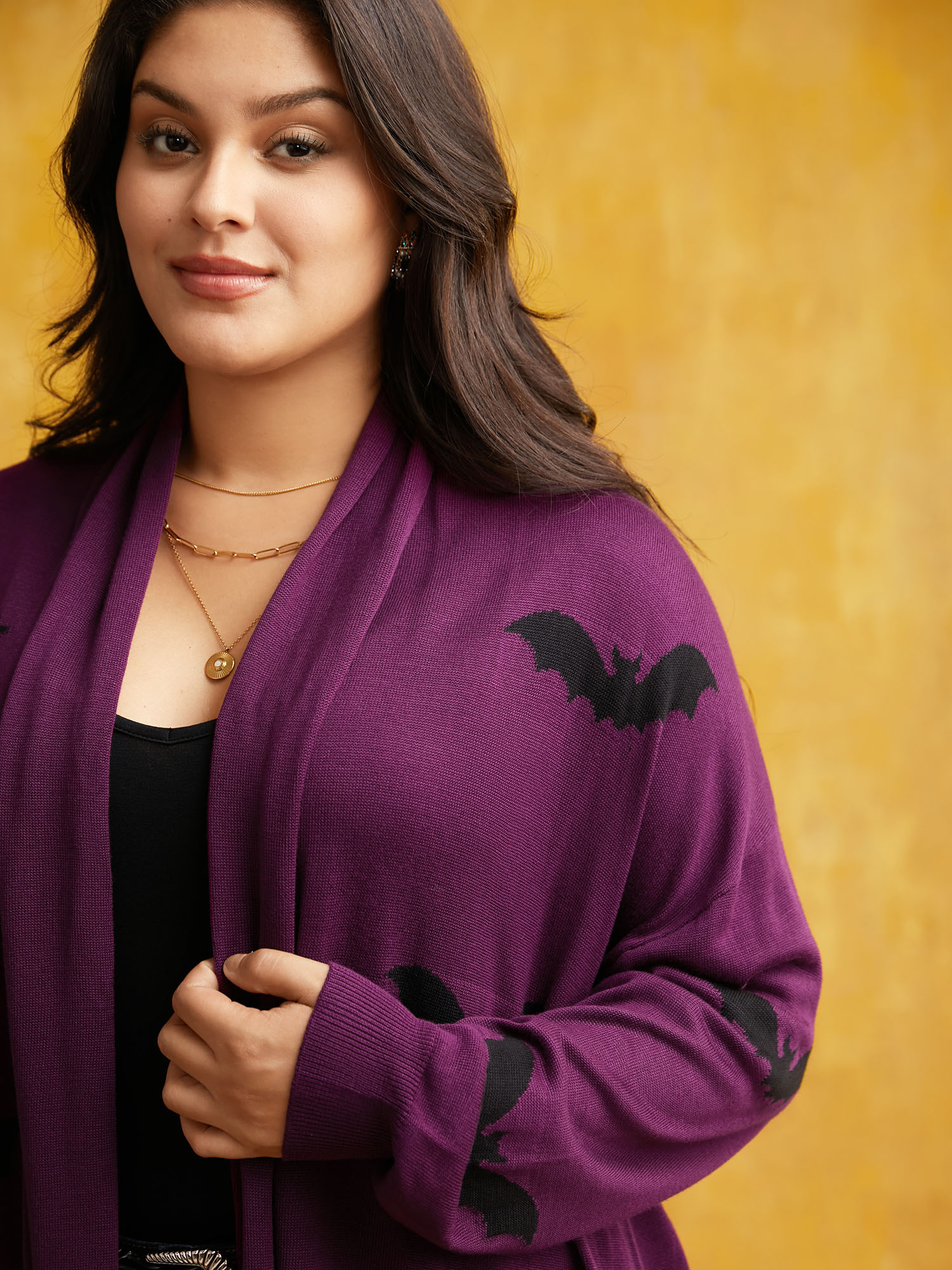 Plus Size Supersoft Essentials Halloween Bat Pattern Lapel Collar Cardigan Eggplant Women Casual Loose Long Sleeve Festival-Halloween Cardigans BloomChic 30/6X 