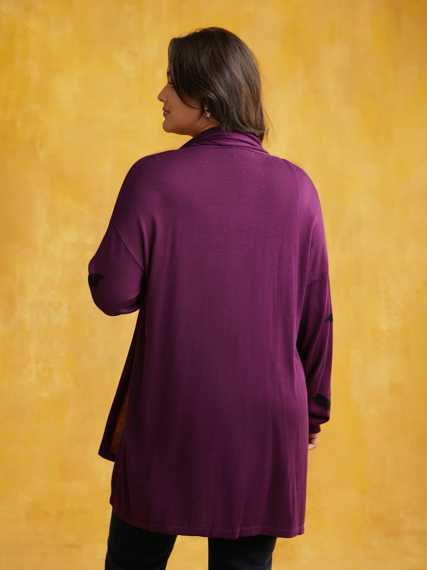 Plus Size Supersoft Essentials Halloween Bat Pattern Lapel Collar Cardigan Eggplant Women Casual Loose Long Sleeve Festival-Halloween Cardigans BloomChic 30/6X 