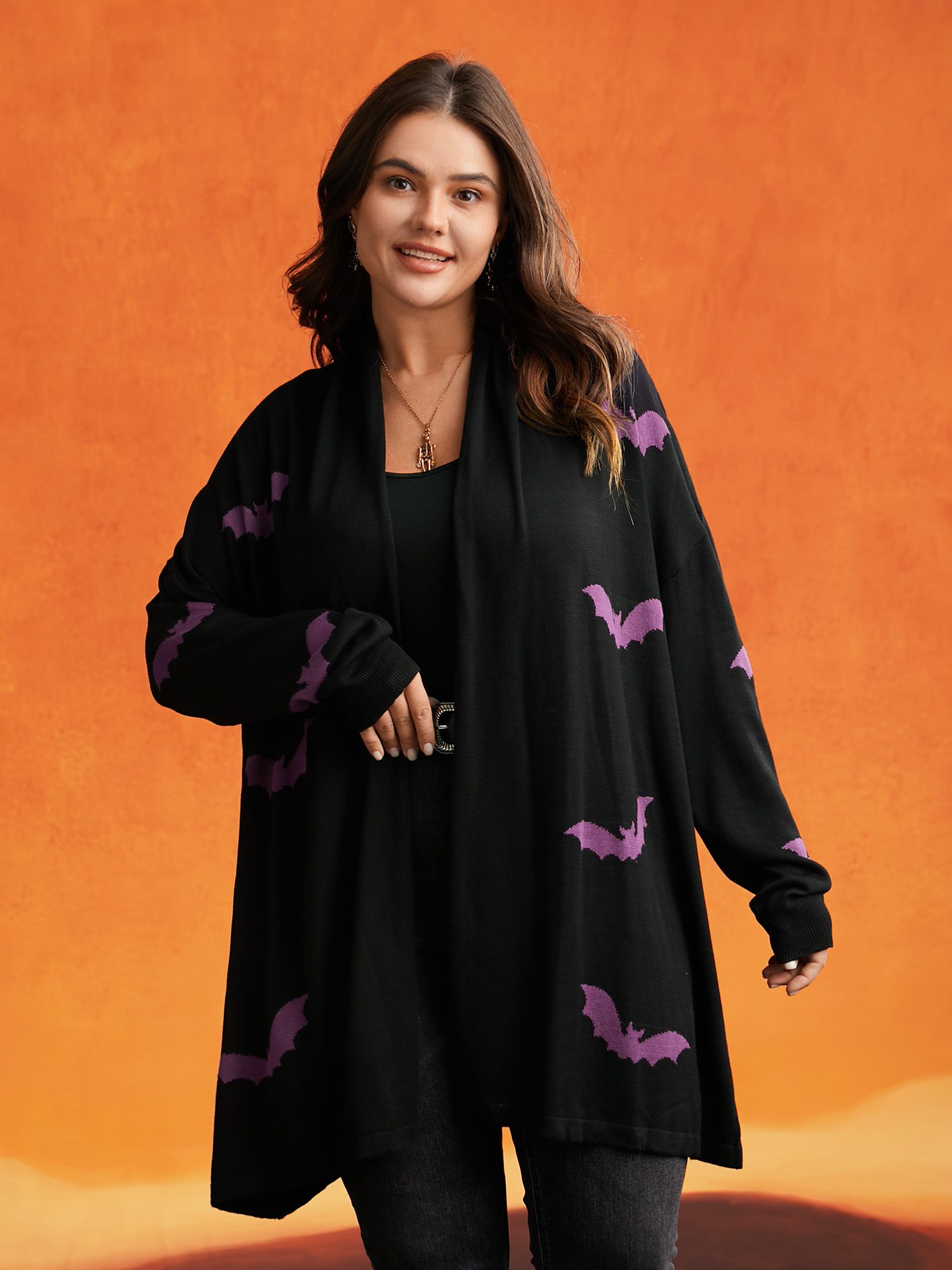 

Plus Size Supersoft Essentials Halloween Bat Pattern Lapel Collar Cardigan Black Women Casual Loose Long Sleeve Festival-Halloween Cardigans BloomChic