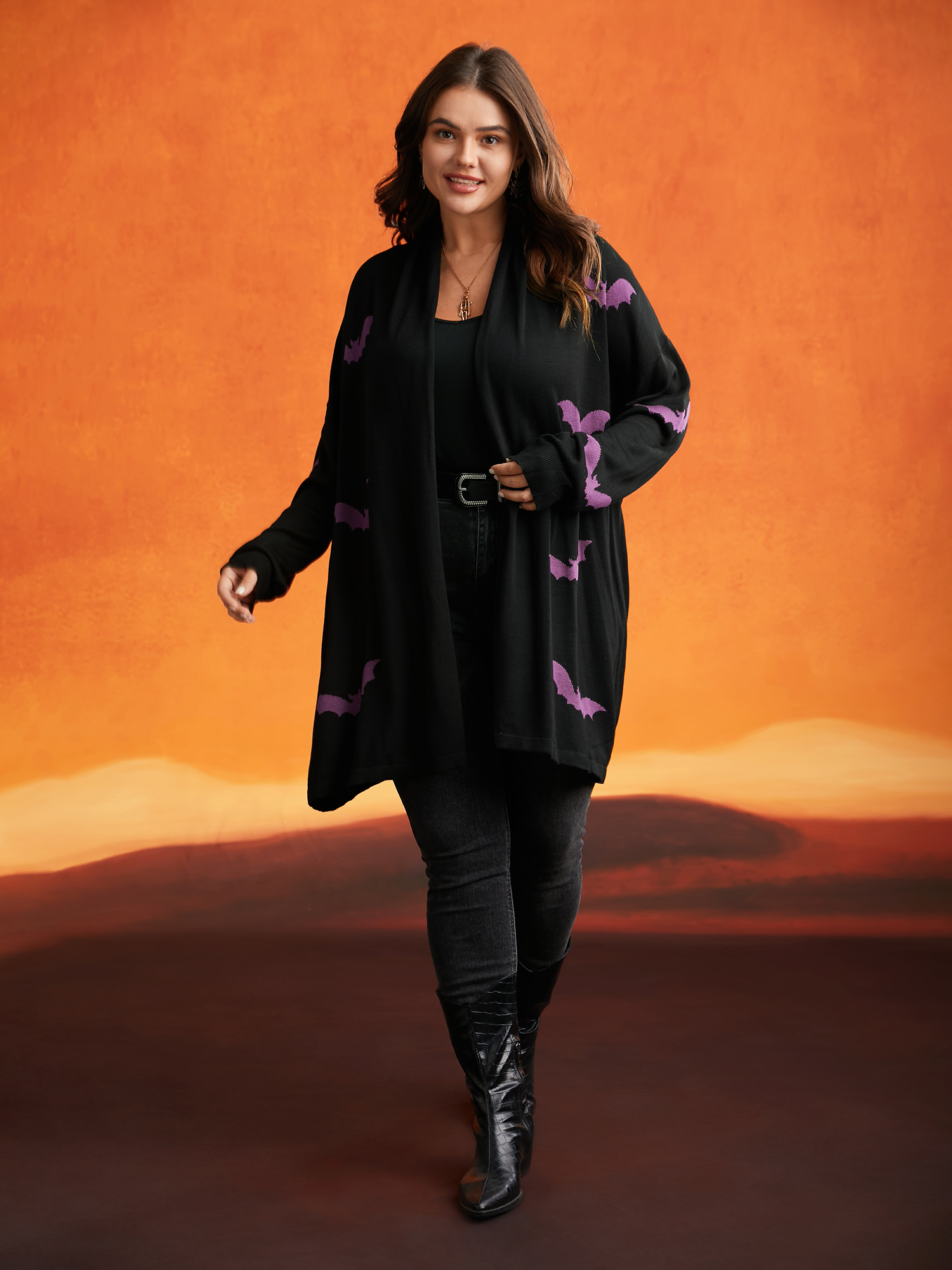 

Plus Size Supersoft Essentials Halloween Bat Pattern Lapel Collar Cardigan Black Women Casual Loose Long Sleeve Festival-Halloween Cardigans BloomChic