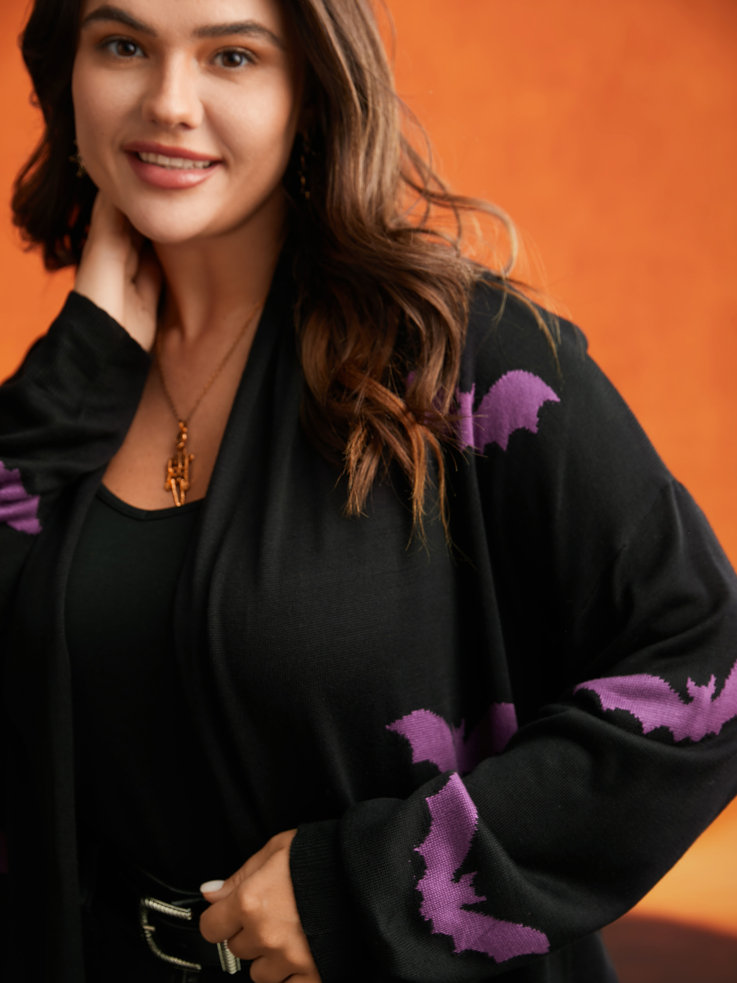 Plus Size Supersoft Essentials Halloween Bat Pattern Lapel Collar Cardigan Black Women Casual Loose Long Sleeve Festival-Halloween Cardigans BloomChic 28/5X 