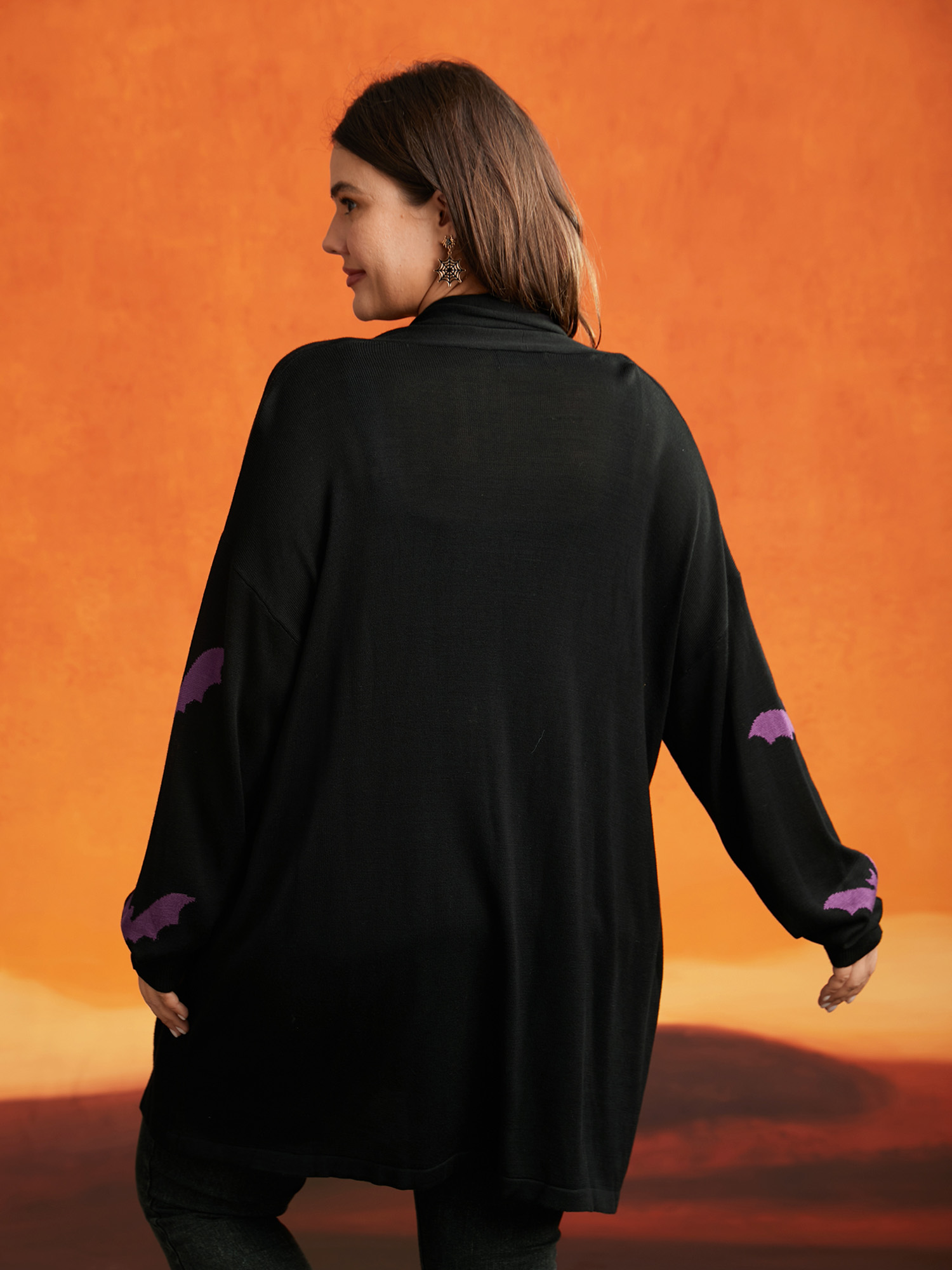 Plus Size Supersoft Essentials Halloween Bat Pattern Lapel Collar Cardigan Black Women Casual Loose Long Sleeve Festival-Halloween Cardigans BloomChic 28/5X 