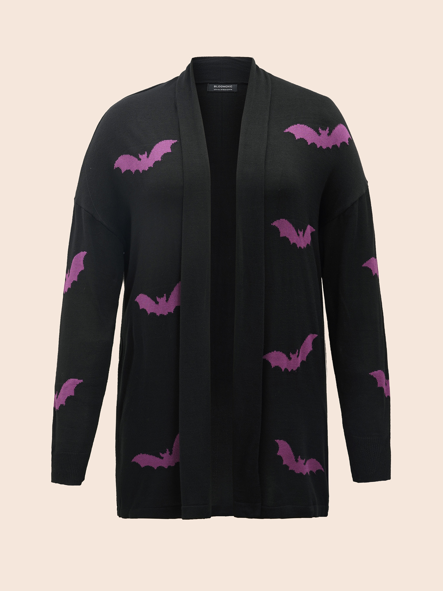 Plus Size Supersoft Essentials Halloween Bat Pattern Lapel Collar Cardigan Black Women Casual Loose Long Sleeve Festival-Halloween Cardigans BloomChic 28/5X 