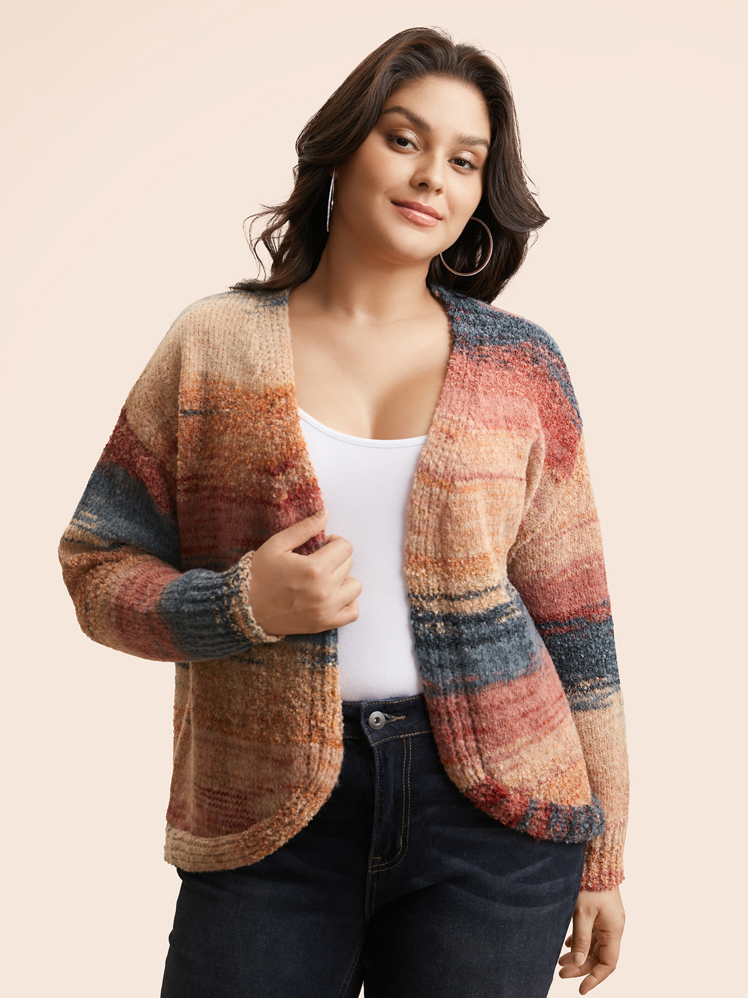 

Plus Size Ombre Open Front Curved Hem Cardigan Coral Women Casual Loose Long Sleeve Everyday Cardigans BloomChic