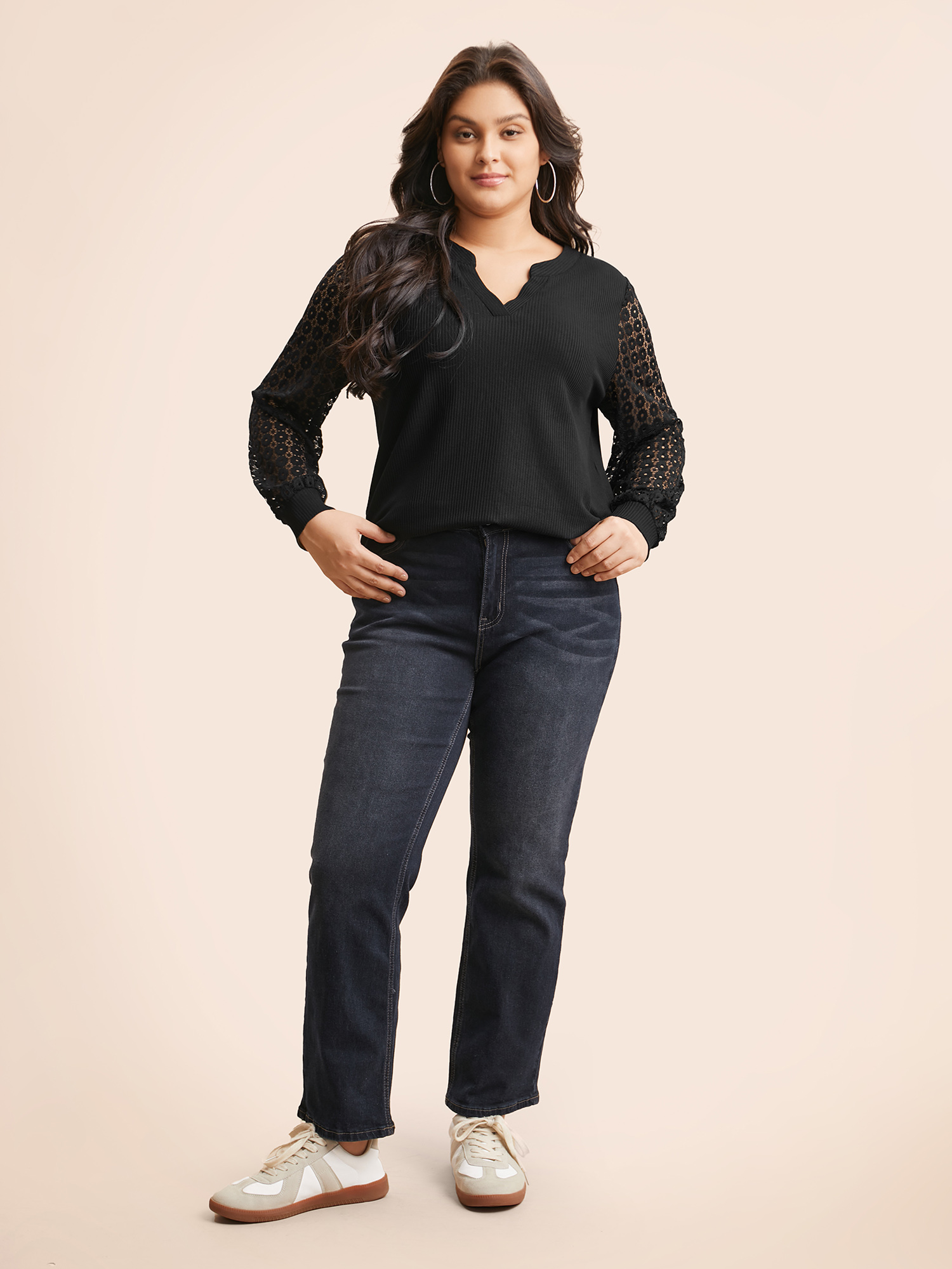 

Plus Size Notched Crochet Lace Mesh T-shirt Black Flat collar with V-notch Long Sleeve Casual Jersey Tops