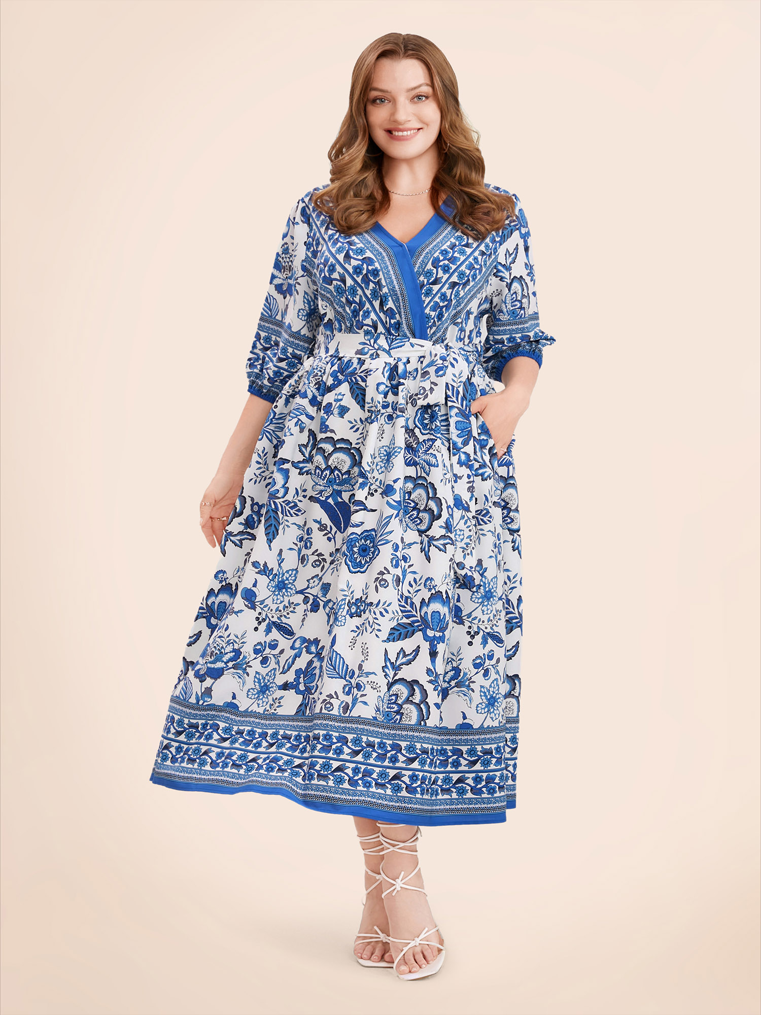 

Plus Size Bandana Print Surplice Neck Lantern Sleeve Pocket Belted Midi Dress Blue Women Resort Non V-neck Half Sleeve Curvy Midi Dress BloomChic