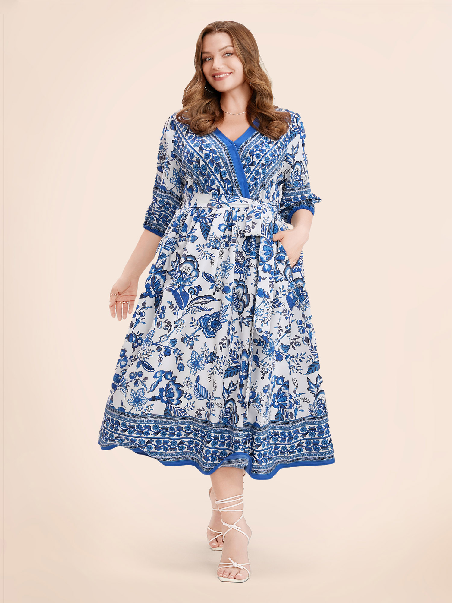 

Plus Size Bandana Print Surplice Neck Lantern Sleeve Pocket Belted Midi Dress Blue Women Resort Non V-neck Half Sleeve Curvy Midi Dress BloomChic