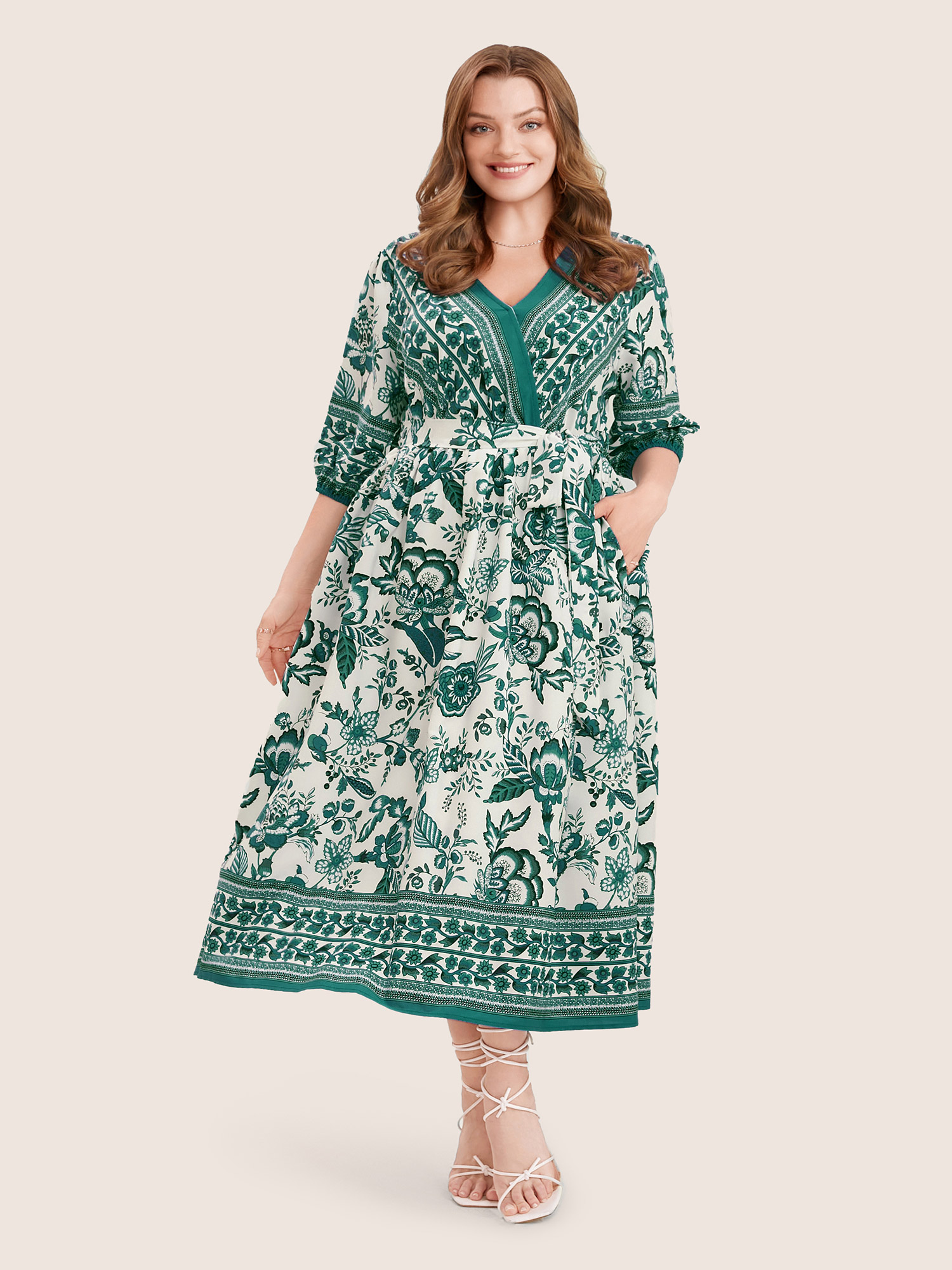 

Plus Size Bandana Print Surplice Neck Lantern Sleeve Pocket Belted Midi Dress Green Women Resort Non V-neck Half Sleeve Curvy Midi Dress BloomChic