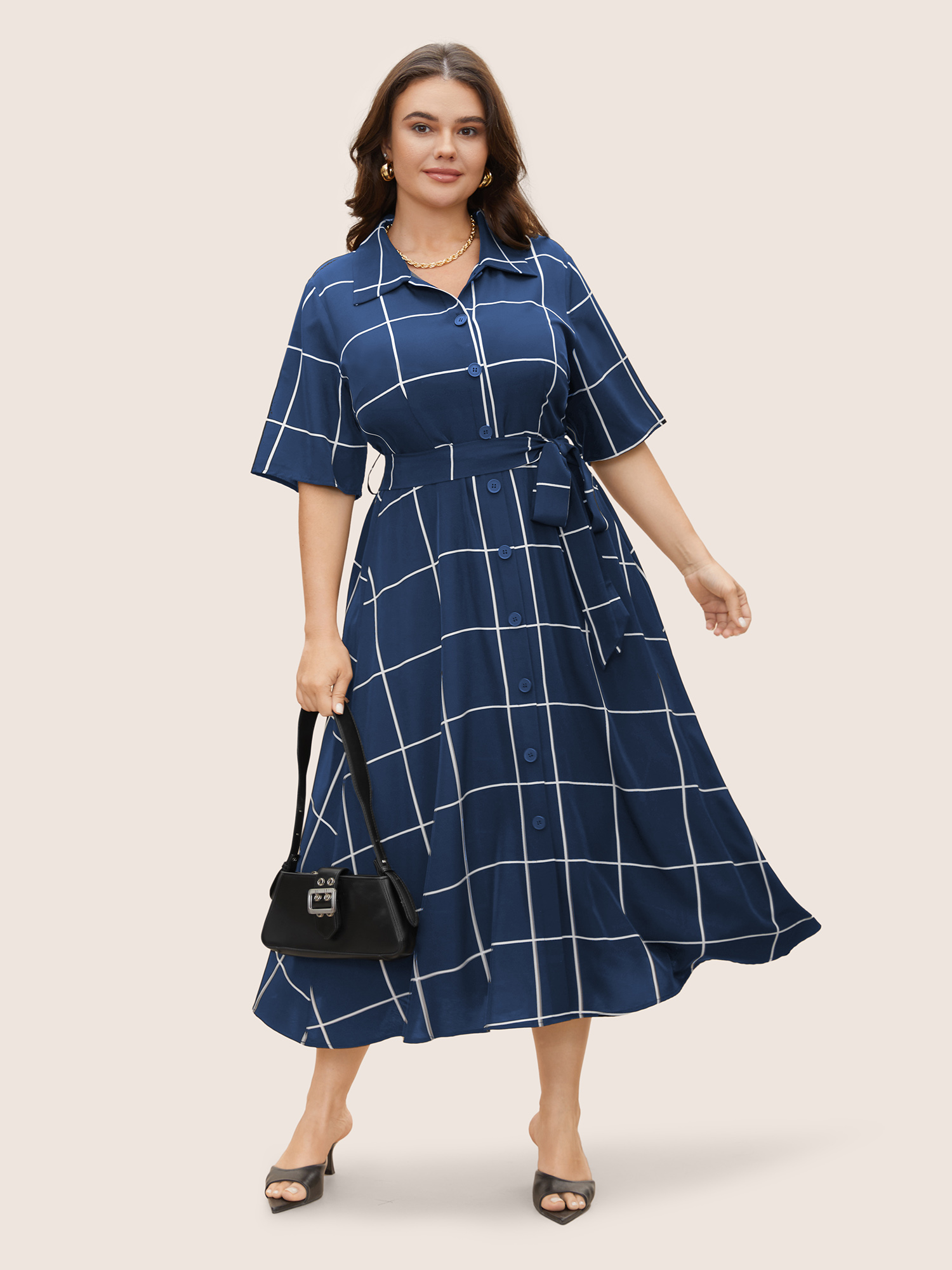 

Plus Size Plaid Shirt Collar Button Detail Belted Dress DarkBlue Women At the Office Belted Shirt collar Half Sleeve Curvy BloomChic